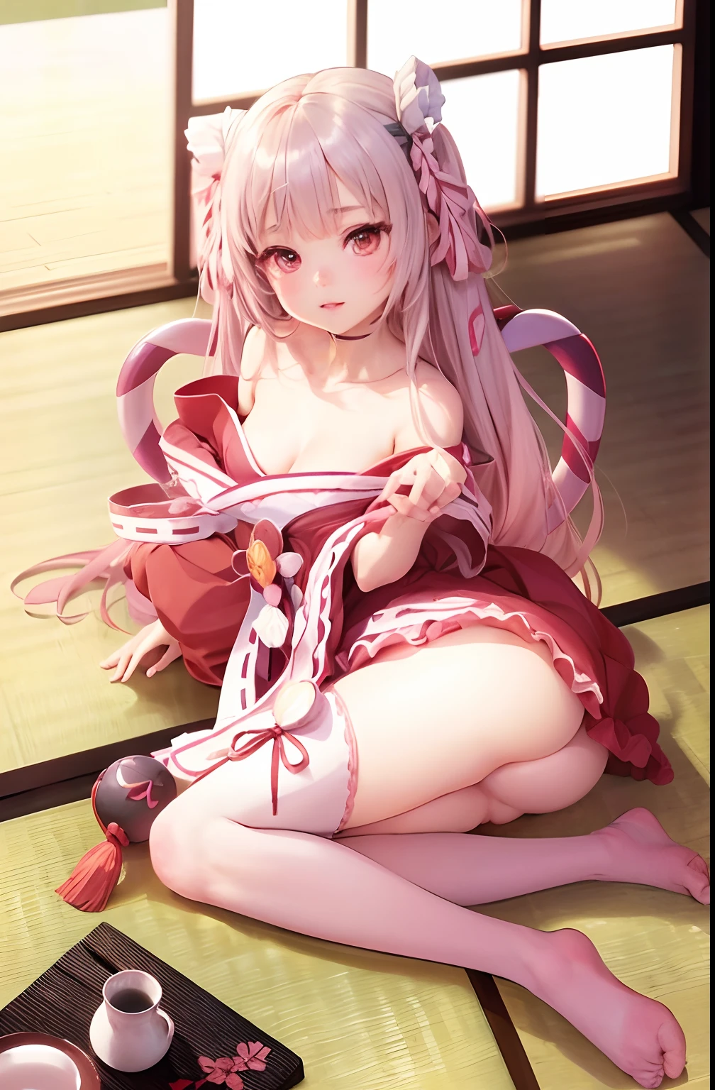 anime girl sitting on the floor with a cup of tea, small curvy , beautiful anime girl squatting, lolidress, seductive anime girl, , cute anime waifu in a nice dress, nakiri ayame, shirabii, the anime girl is crouching, oppai, realistic, ultra hd, vtuber, oni girl