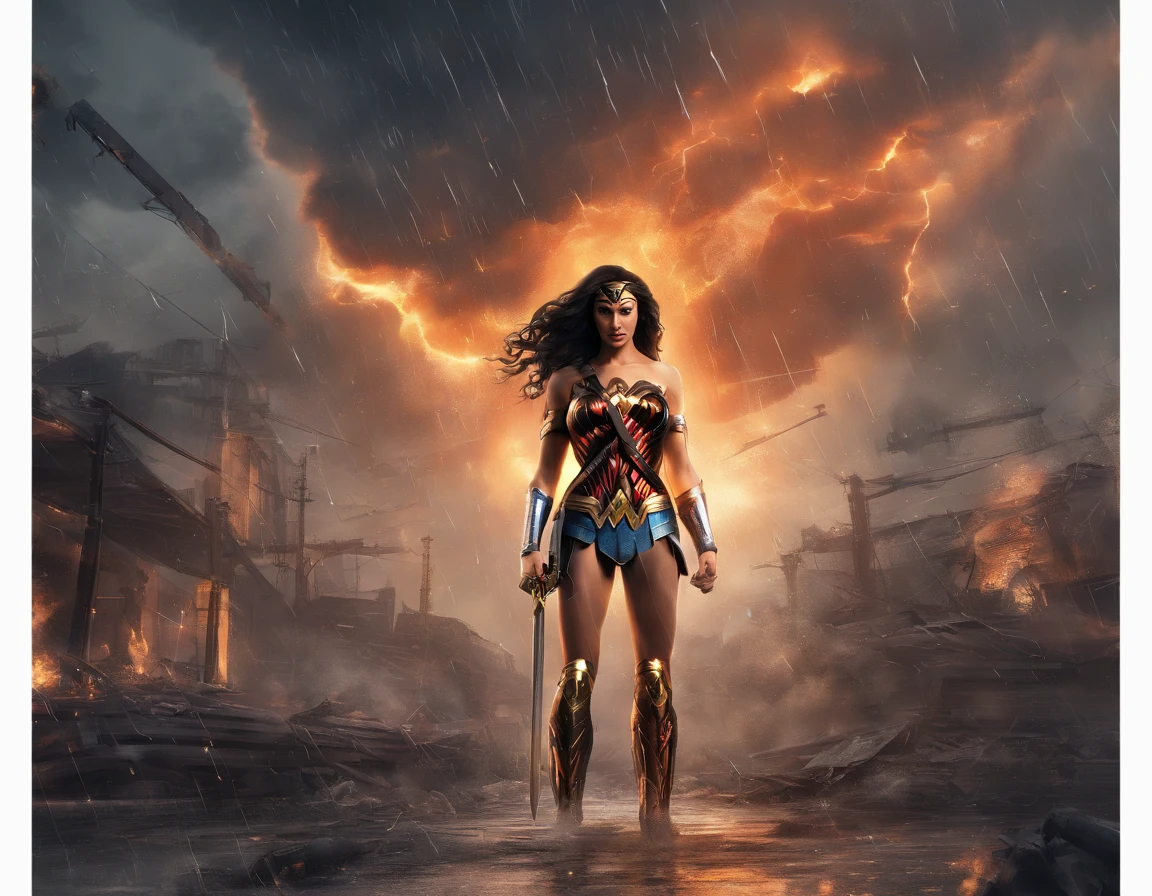 moody storm clouds, raining, photo realistic front view of thicc big breasts wonder woman in micro-bikini-thong costume oiled ass, cameltoe, dynamic pose, ready for action, attacked by tentacles. building collapse, fire smoke, low-angle shot, wide-angle shot, dramatic angle, extreme angle shot