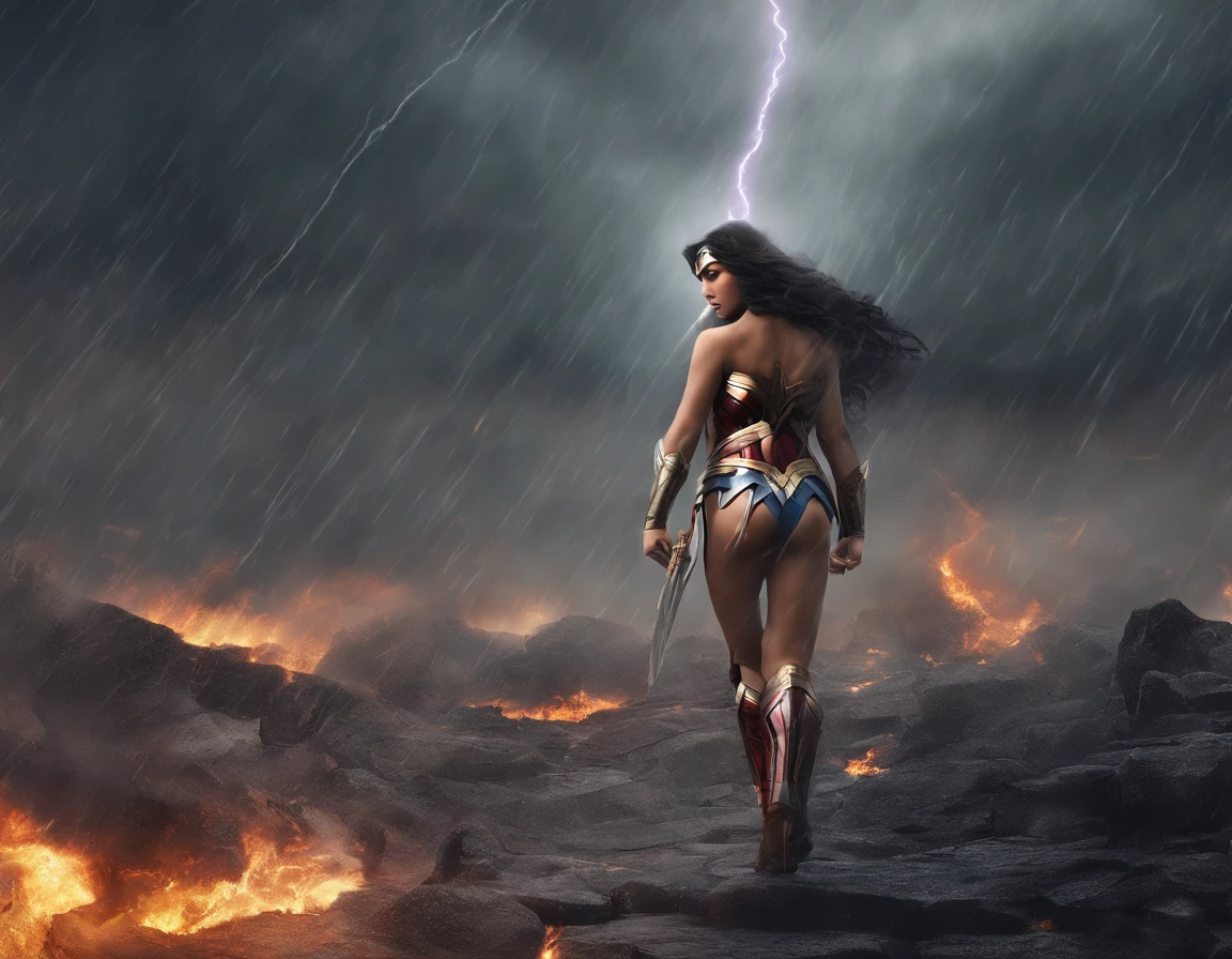 moody storm clouds, raining, photo realistic front view of thicc big breasts wonder woman in micro-bikini-thong costume oiled ass, cameltoe, dynamic pose, ready for action, attacked by tentacles. building collapse, fire smoke, low-angle shot, wide-angle shot, dramatic angle, extreme angle shot