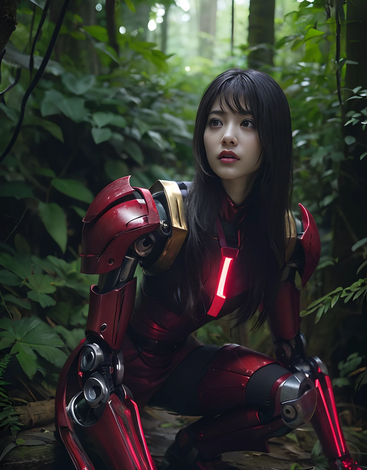 (1 Mechanical Girl)、top-quality、​masterpiece、超A high resolution、(Photorealsitic:1.4)、Raw photo、女の子1人、Fight mutants、glowy skin、(((1 Mechanical Girl)))、With a beautiful knife、（Yellow Metal Bodysuit）、(Kobold、ogre、Fierce battle with orcs),（Fight fiercely against aliens）、Fight fiercely、(beautiful forest background)、(Fighting Demonic Beasts)、(Small LED)、((super realistic details))、portlate、(Strong giant demon beast background),globalillumination、Shadow、octan render、8K、ultrasharp、Colossal tits、Raw skin is exposed in cleavage、metals、Details of complex ornaments、Japan details、highly intricate detail、Realistic light、(Mystical expression),CGSoation Trends、Red Eyes、radiant eyes、Facing the camera、neon details、(Mechanical limbs)、(blood vessels connected to tubes)、Mechanical vertebrae attached to the back、mechanical cervical attaching to neck、(Wires and cables connecting to the head)、Gundam、Small LED、,Mechanical thighs、Toostock、（Hands are also made of machines）、（Attack of the Monster Beasts）、（Wounded in a deadly battle）、