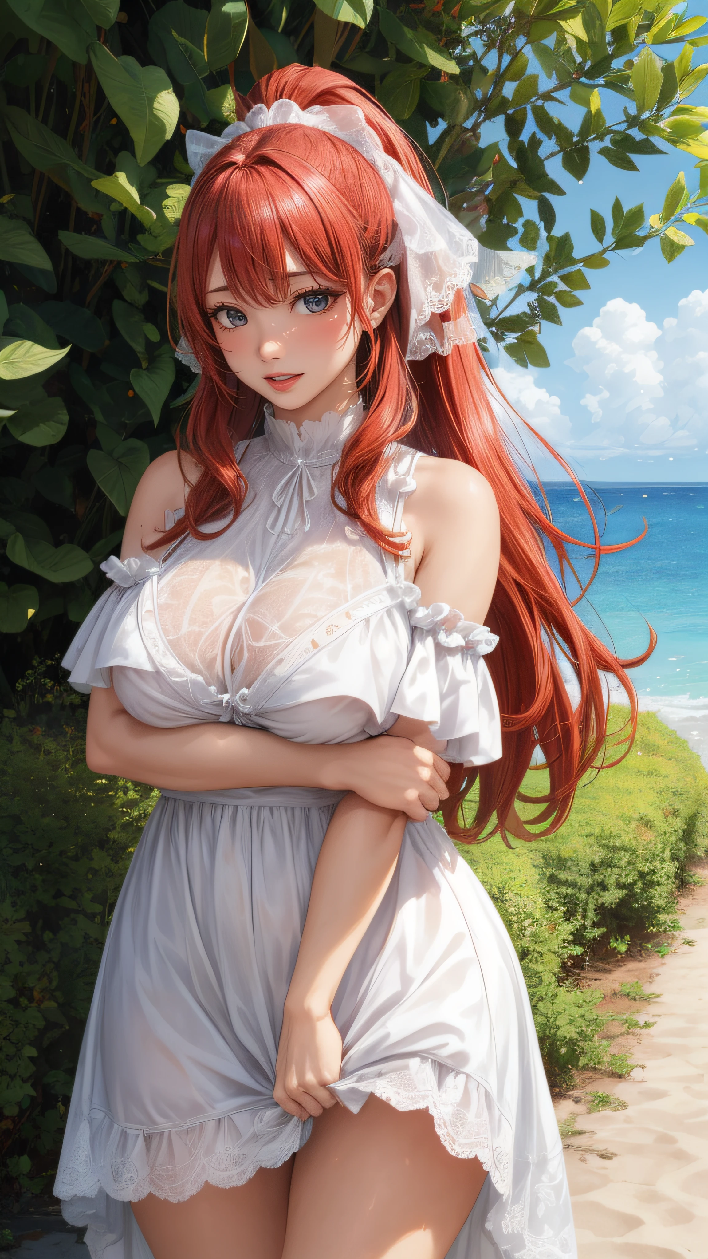 (porn image),(face focus),((1girl:2),face,(curvy:1.2),petite,beautiful breasts,large breasts,pale skin,pointy breasts,erect nipples,sweat),(red embroidered long lace white dress),(realistic:2,high resolution,best quality,masterpiece),((extra long High ponytail:1.2),Swept bangs,(extra light coppery red hair),hair over one eye,hair blowing in the wind),beach