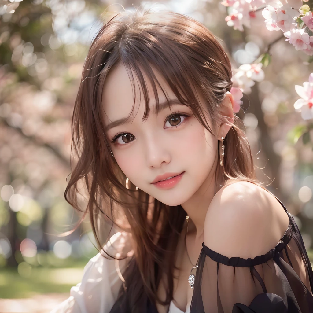(64k, RAW photo, best quality, masterpiece:1.4), (realistic, photo-realistic:1.3), (20 years old), (1girl:1.5), (medium breasts), show cleavage, Luxurious dresses,  (Insanely intricate cute face and eyes), ((face shot:1.2)), especially strong light, (upper eyes), shiny skin, (dark brown hair, semi-long cut:1.2), (flash:1.2), ((seductive posture:1.2, attractive:1.2)), ((good anatomy: 1.2)), perfect face:1.2, portrait, cowboy shot, close up:1.3, (charming smile), makeup, lipgloss, blush cheeks, Detailed teeth, Detailed mouth, a necklace, piercings, Bracelet, break, (in the park)