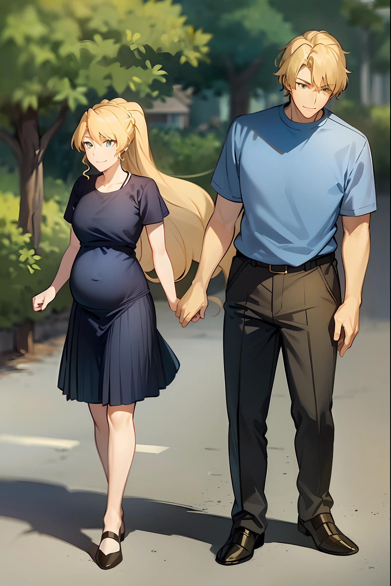 masterpiece, best quality, 1girl, alicetaria,blonde hair, long hair, ponytail, blue eyes, blue shirt, pleated skirt, solo, simple background, bikini, beach, , alicetaria and son, motherly, walking, family, mother and child,boy, smile
,Pregnant