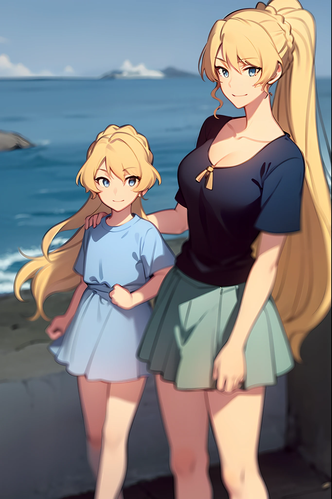 masterpiece, best quality, 1girl, alicetaria,blonde hair, long hair, ponytail, blue eyes, blue shirt, pleated skirt, solo, simple background, bikini, beach, , alicetaria and son, motherly, walking, family, mother and child,boy, smile