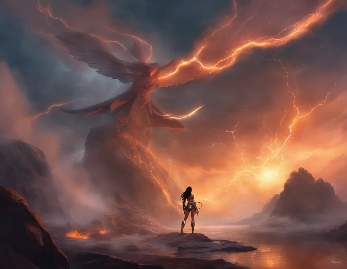 moody storm clouds, raining, photo realistic front view of thicc big breasts wonder woman in micro-bikini-thong costume oiled ass, cameltoe, dynamic pose, ready for action, attacked by tentacles. building collapse, fire smoke, low-angle shot, wide-angle shot, dramatic angle, extreme angle shot