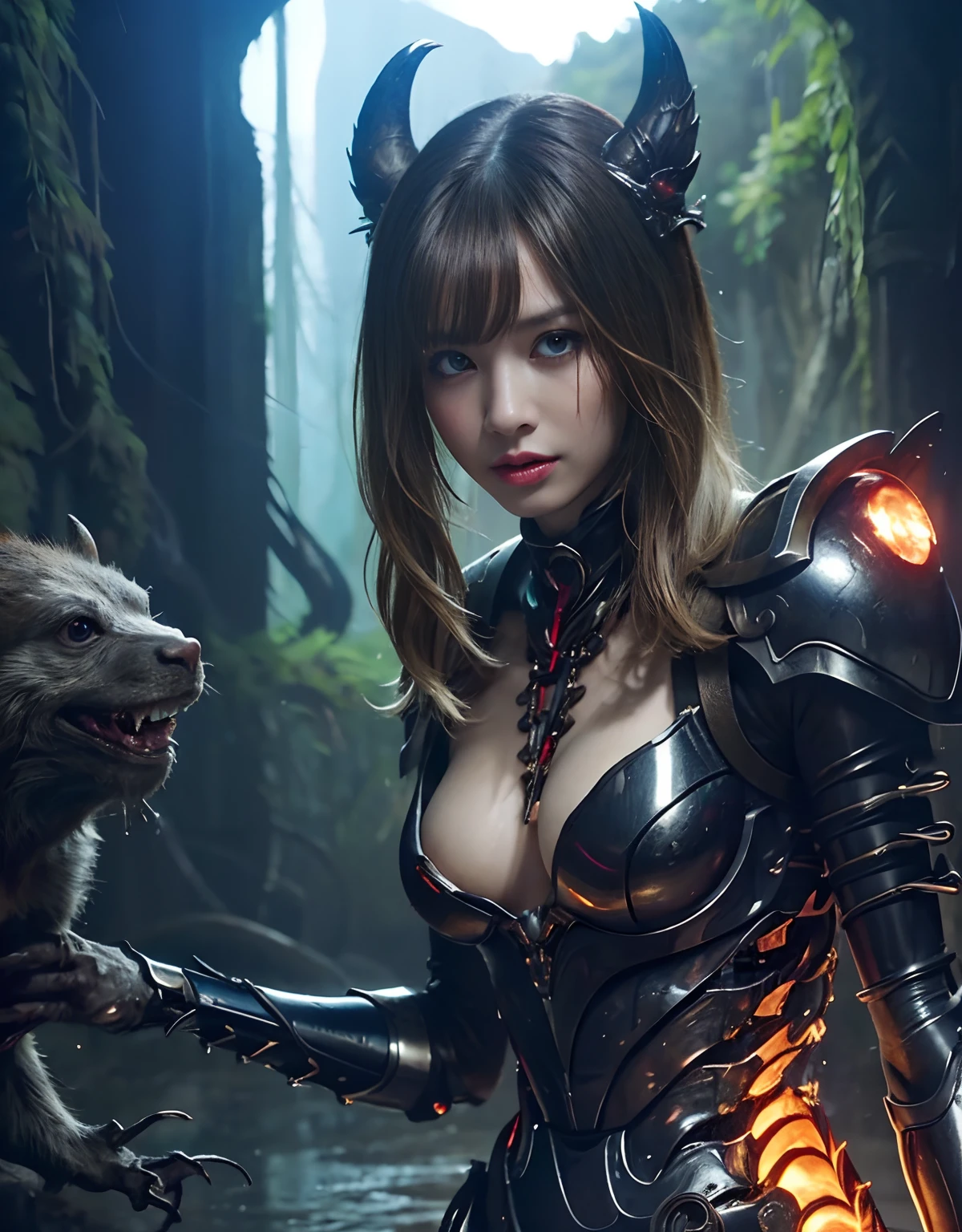 (1 Mechanical Girl)、top-quality、​masterpiece、超A high resolution、(Photorealsitic:1.4)、Raw photo、女の子1人、Fight mutants、glowy skin、(((1 Mechanical Girl)))、With a beautiful knife、（Yellow Metal Bodysuit）、(Kobold、ogre、Fierce battle with orcs),（Fight fiercely against aliens）、Precipitous cliffs、(beautiful forest background)、(Fighting Demonic Beasts)、(Small LED)、((super realistic details))、portlate、highly intricate detail、Realistic light、(Mystical expression),CGSoation Trends、(Strong giant demon beast background),globalillumination、Shadow、octan render、8K、ultrasharp、Colossal tits、Raw skin is exposed in cleavage、metals、Details of complex ornaments、Japan details、highly intricate detail、Realistic light、(Mystical expression),CGSoation Trends、Red Eyes、radiant eyes、Facing the camera、neon details、(Mechanical limbs)、(blood vessels connected to tubes)、Mechanical vertebrae attached to the back、mechanical cervical attaching to neck、(Wires and cables connecting to the head)、Gundam、Small LED、,Mechanical thighs、Toostock、（Hands are also made of machines）、（Attack of the Monster Beasts）、