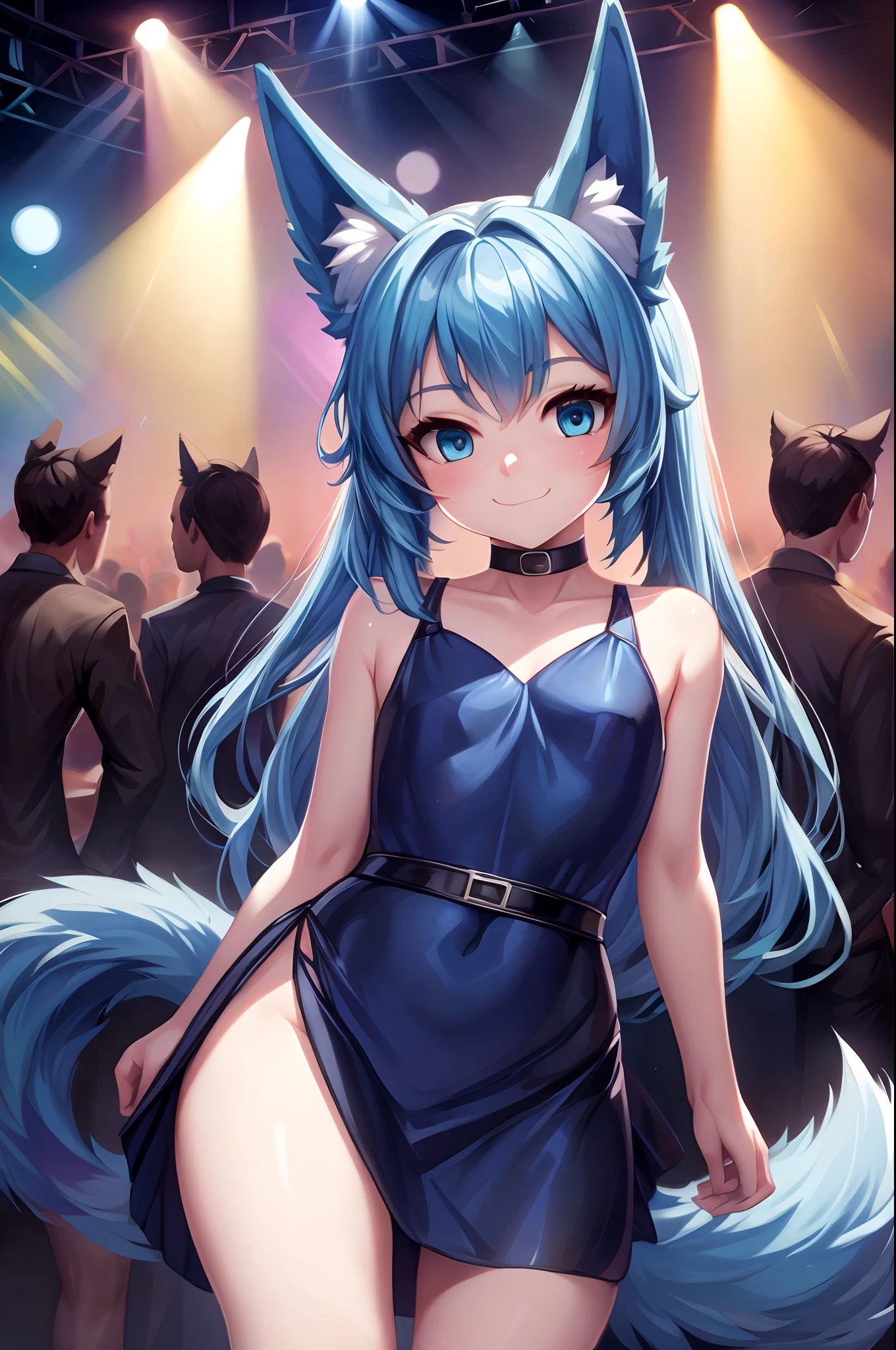 (Masterpiece) (High Detail) (High Res) A short small petite humanoid girl with pale human skin and blue eyes and long blue hair and blue dog ears and a fluffy dog tail is wearing a cute black dress and is in a nightclub with lots of anthro people of various species all around dancing.