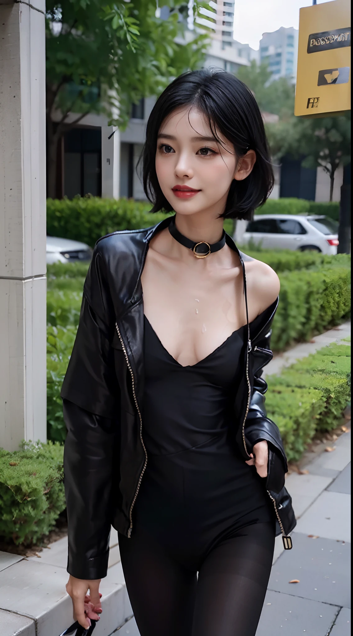 (Small underboob,small heads)), (perfect bodies: 1.1), (shoulder length straight short hair:1.0),(black hair:1.5),attractive collarbone，（极其细致的CG 8k壁纸），（Extremely refined and beautiful），（masterpiece），（best qualtiy：1.0），（超高分辨率：1.0）,[A high resolution]，cheerfulness，smile，Smooth and flawless fair skin,(Exquisite Makeup:1.3),ultra - detailed ，Elongated legs,(Small breasts:1.1),Flat chest,underboob,Slim,emaciated,(black dog collar:1.5),(black jacket:1.5),(black fullbodypantyhose:1.4),Cleavage,autumn, in residential areas,high-rise residential buildings,in garden,on path,(running:1.5),(Hair flying:1.3),(open mouth:1.2) ,(female orgasmic:1.3), (blush:1.3),(sweat:1.6),upper body,(close shot:1.3),(cowboy shot:1.3),(Passport photo:1.5),At night,night scene,dark light,