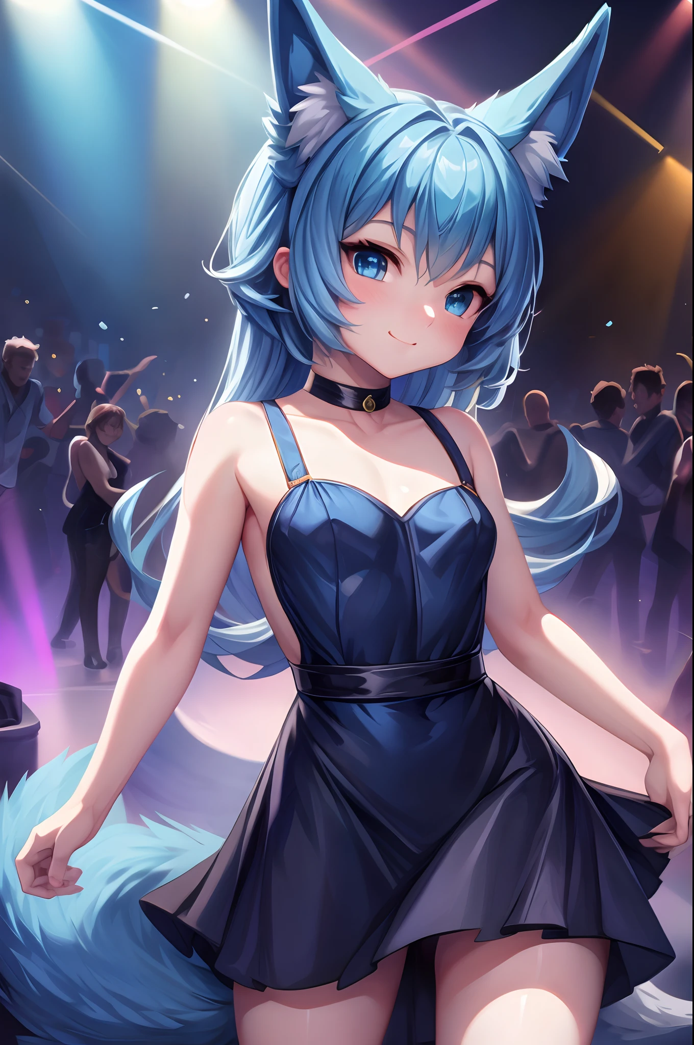 (Masterpiece) (High Detail) (High Res) A short ite humanoid girl with pale human skin and blue eyes and long blue hair and blue dog ears and a fluffy dog tail is wearing a cute black dress and is in a nightclub with lots of anthro people of various species all around dancing.