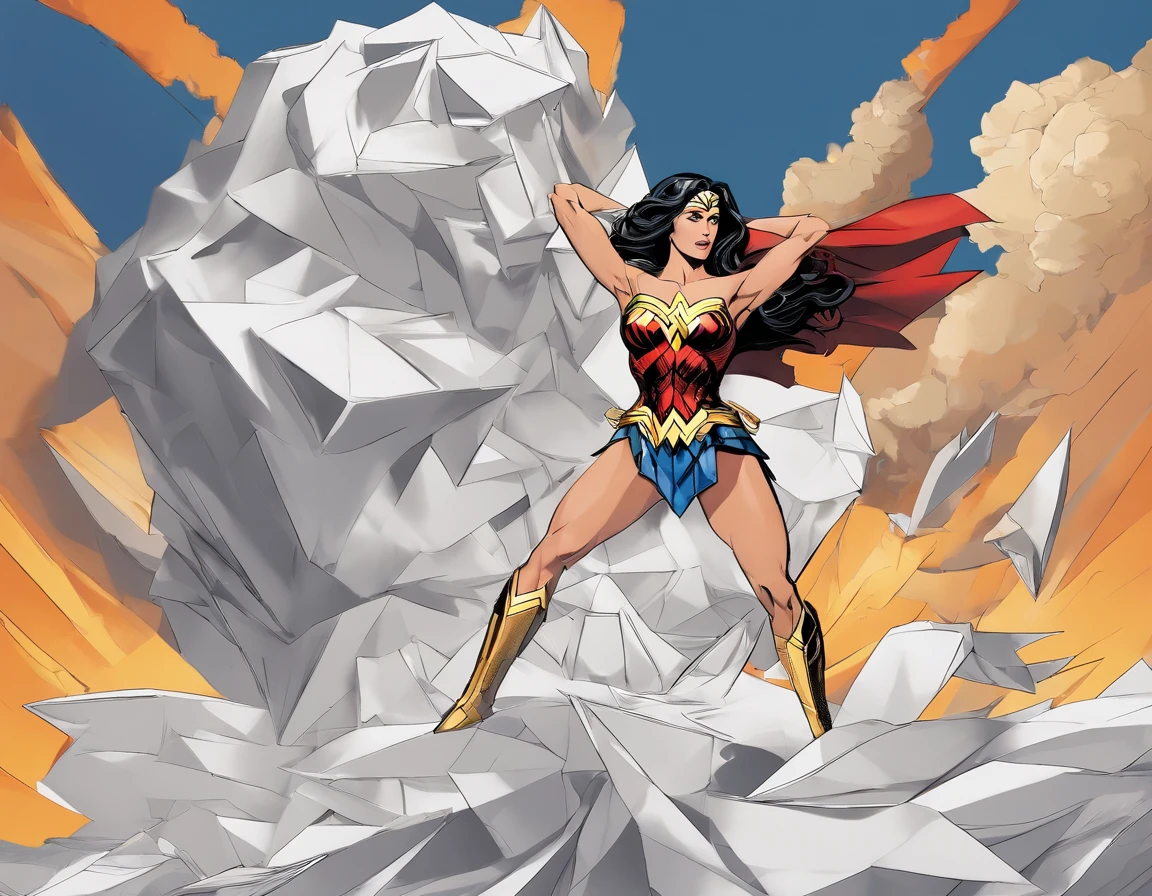 moody storm clouds, raining, photo realistic front view of thicc big breasts wonder woman in micro-bikini-thong costume oiled ass, cameltoe, dynamic pose, ready for action, attacked by tentacles. building collapse, fire smoke, low-angle shot, wide-angle shot, dramatic angle, extreme angle shot