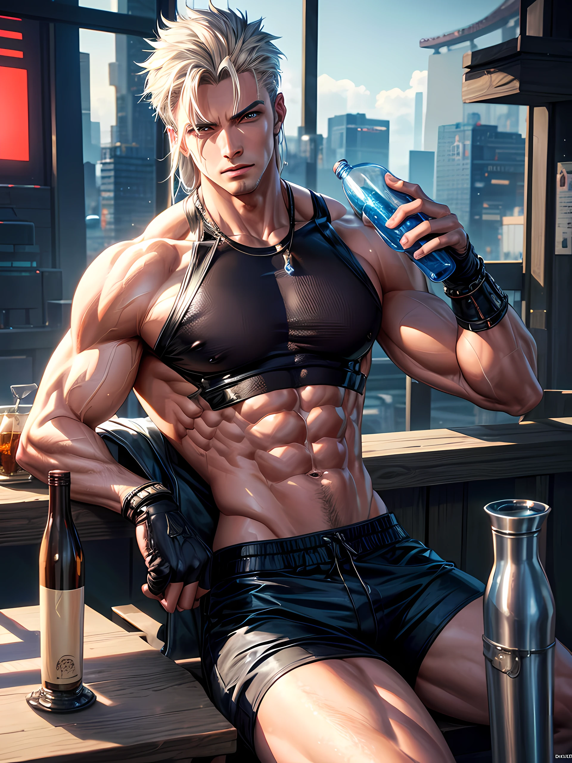 Top quality, Photorealistic, 8K, High Definition, Unity 8K wallpaper, high res, ultra sharp, masterpiece, ((masterpiece)), best quality, expressive eyes, perfect face, Super eyes, masterpiece, highly detailed exquisite character art, epic fantasy digital art style, detailed digital 3D fantasy art, ultra-realistic, 1male, male human neon samurai, cyberpunk, futuristic, male casual attire, sexy male bodybuilder, detailed pecs, detailed arms, detailed abs, strong jawline, blue pearly eyes, male pervert, sitting at the cyberpunk café, drunk, flushed face, drinking a bottle of wine, god rays, seducing you,