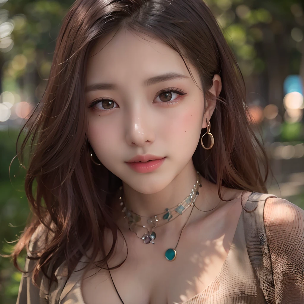 (64k, RAW photo, best quality, masterpiece:1.4), (realistic, photo-realistic:1.3), (20 years old), (1girl:1.5), (medium breasts), show cleavage, Luxurious dresses, (Insanely intricate cute face and eyes), ((face shot:1.2)), especially strong light, (upper eyes), shiny skin, (dark brown hair, semi-long cut:1.2), (flash:1.2), ((seductive posture:1.2, attractive:1.2)), ((good anatomy: 1.2)), perfect face:1.2, portrait, cowboy shot, close up:1.3, (charming smile), makeup, lipgloss, blush cheeks, Detailed teeth, Detailed mouth, a necklace, piercings, Bracelet, break, (in the park)
