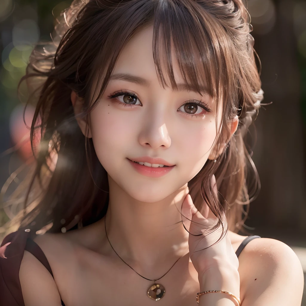 (64k, RAW photo, best quality, masterpiece:1.4), (realistic, photo-realistic:1.3), (20 years old), (1girl:1.5), (medium breasts), show cleavage, Luxurious dresses,  (Insanely intricate cute face and eyes), ((face shot:1.2)), especially strong light, (upper eyes), shiny skin, (dark brown hair, semi-long cut:1.2), (flash:1.2), ((seductive posture:1.2, attractive:1.2)), ((good anatomy: 1.2)), perfect face:1.2, portrait, cowboy shot, close up:1.3, (charming smile), makeup, lipgloss, blush cheeks, Detailed teeth, Detailed mouth, a necklace, piercings, Bracelet, break, (in the park)