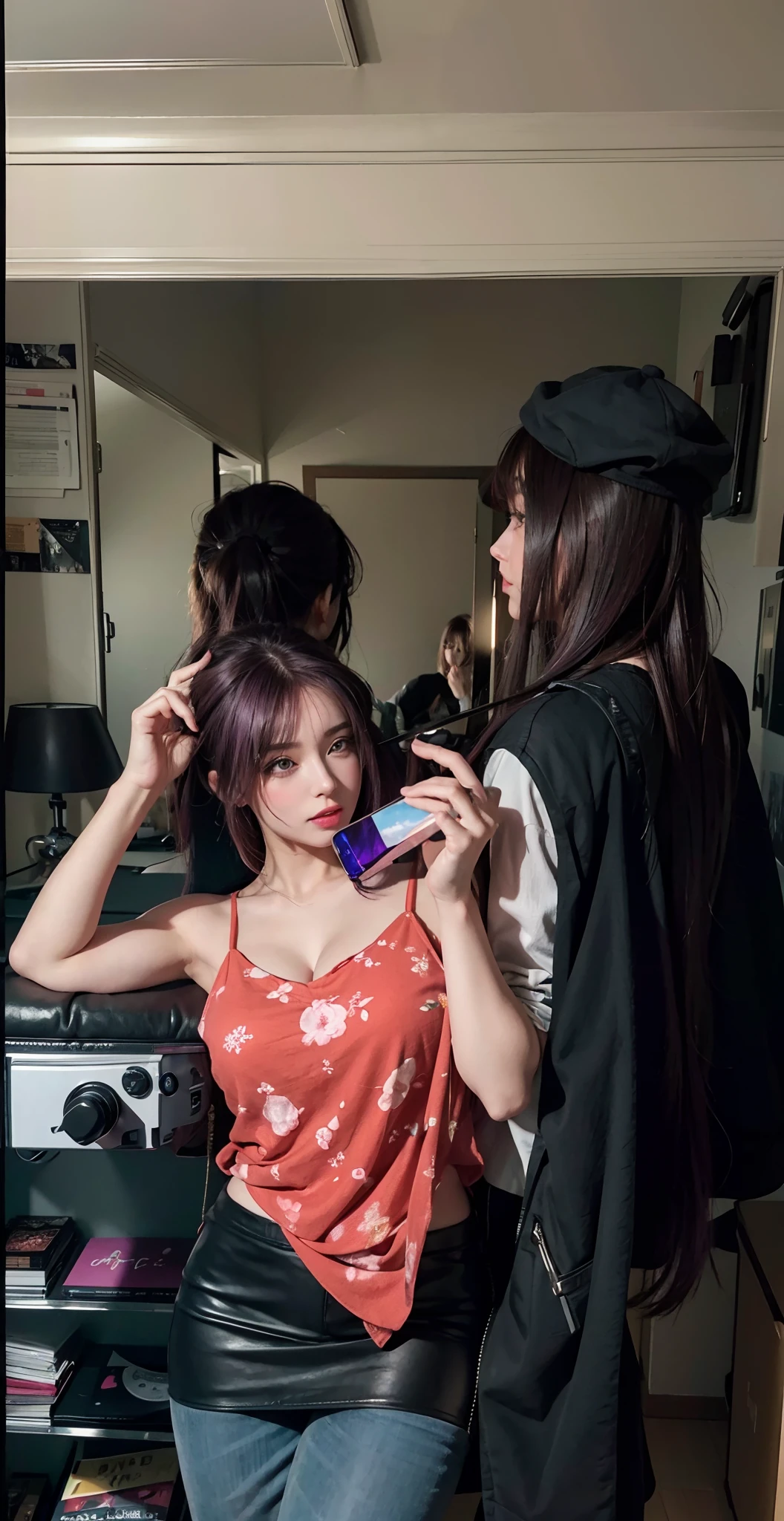 1girll,Beautiful brunette girl,Instagram(realisticlying,A high resolution:1.4),((largeeyes,eye shadows:1.2)),looking at viewert,,full bodyesbian(8K,RAW photos,best qualtiy,tmasterpiece:1.2),(realisticlying,Photorealistic:1.37),(Sharp focus:1.2), profesional lighting, photon maping, Radio City, physically-based renderingt, (paleskin:1.2), looking at viewert, (long whitr hair:1.5),, Purple eye, (brunette color hair:1.5), By bangs, Big waves,(simplebackground:1.4), 独奏, full bodyesbian, realisticlying,(tmasterpiece:1.4),(Highest image quality:1.4),(brightskin),putting makeup on,ssmile(being thin,Keep one's mouth shut,is shy:1.3),(standing on your feet,Black leather tights,Devil's daughter:1.1),huge tit,huge tit:1.35,Big breasts ptosis,Huge cleavage,Giant buttocks,Giant buttocks:1.2,sexyposture,