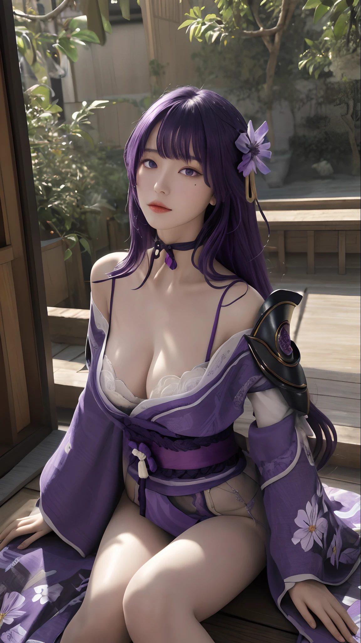 Best quality,Masterpiece,8K wallpaper,absurderes, A high resolution, Ultra detailed, (1 young and beautiful girl, Solo:1.1),Solo, Raiden Shogun, Japanese clothes,  Long hair, upper legs, bangs, hair adornments, Breasts, Purple hair,Shoulder armor, obijime, Armor, purple flower, ribbon,Moles under eyes, flower,Island of dreams: A place where your deepest wishes come true,Anime texture