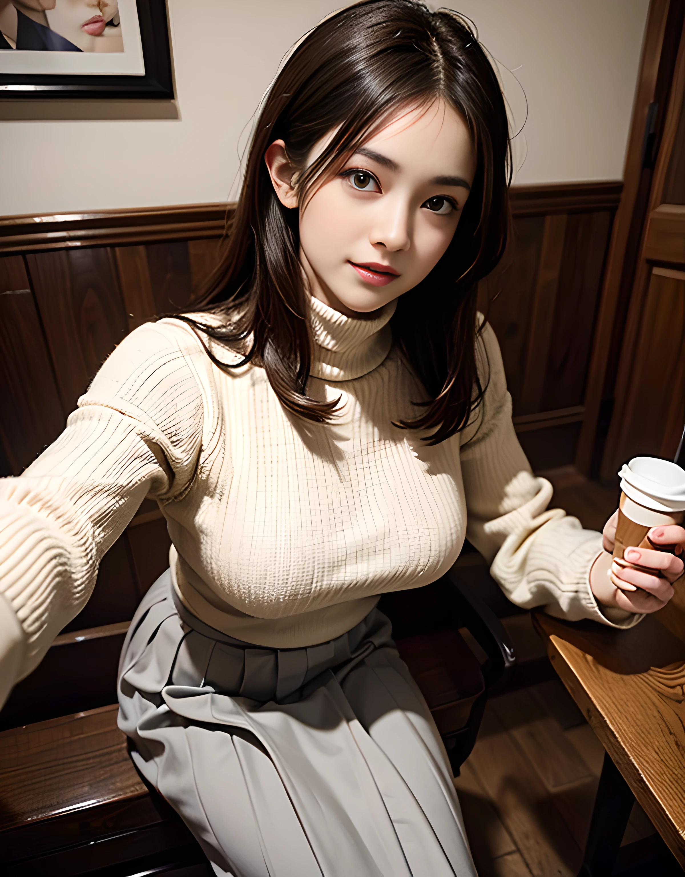 (8K high image quality), (top-quality), (RAW image quality),(masutepiece:1.2), (Realistic), (Photorealistic:1.37), Goose egg face,largeeyes,long eyelasher,Exquisite(Live-action realistic style),The Ultimate Face,Photorealistic light and shadow,Clear facial features,milky skin,Fair skin, highdetailskin,Realistic skin details,Visible Pore,(Super Detail),Hair length is random, (Flowing hair),Best portraits,Shot from a short distance, 1-girl, Cute,Beautiful detailed eyes, beautiful detailed nose, highlydetailed skin,Full body ,(eyecontact),(Colossal tits、Breast Abundance)、(Beautiful face with double eyelids),((fullbody image)), (Realism: 1.4),High image quality, excellent details, Ultra-high resolution, (Show your best smile to the audience), , favor details,,delicate and beautiful face,,20yr old,(Beautiful Face 1.4),A slender, (Knitted sweater with turtleneck:1.2)、(Pleated skirt:1.2),Filmed in the city,(It's a full-body shot.),,Show your smile,Stylish coffee shop interior,Medium Hair,Let's have a coffee