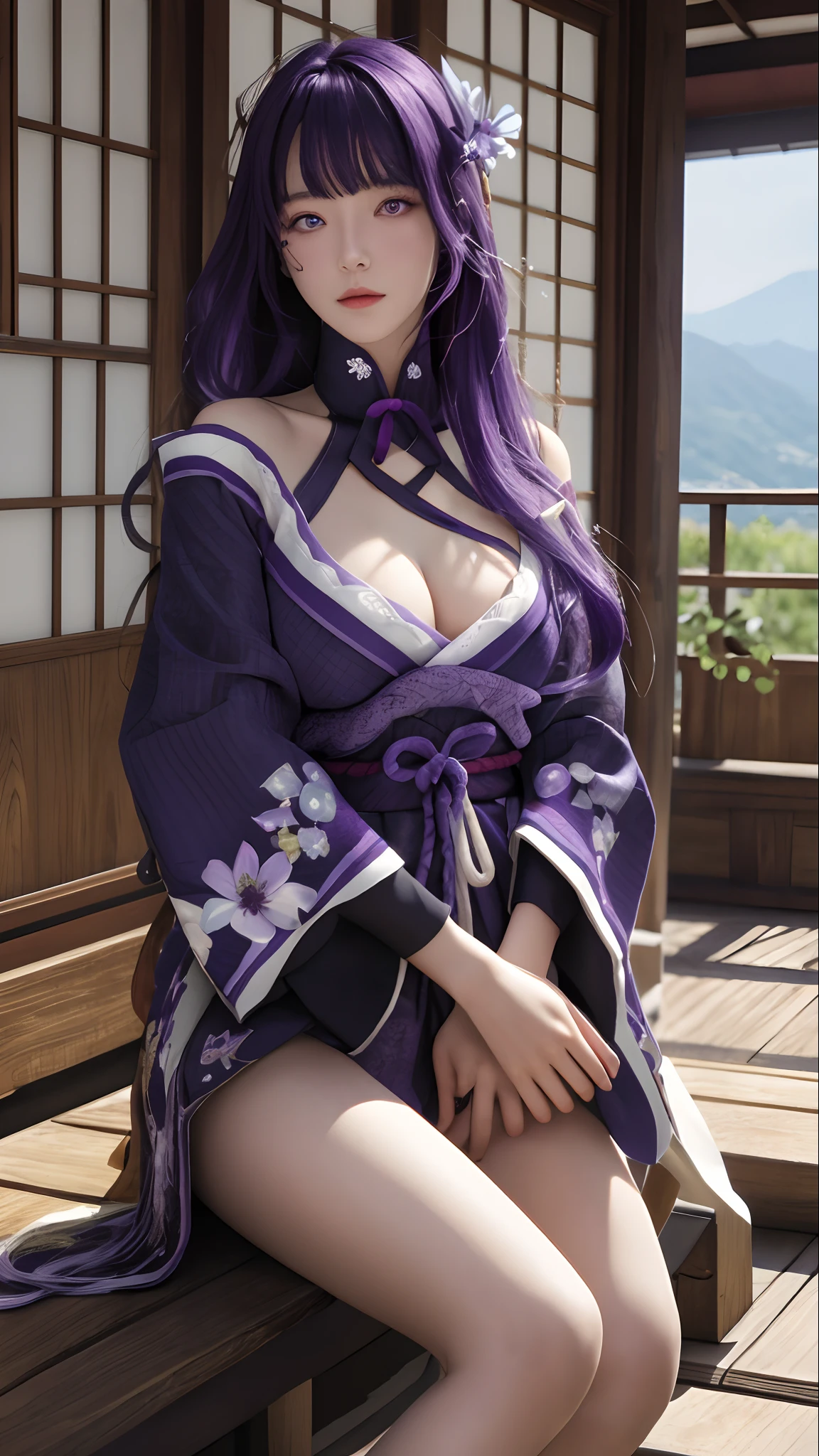 Best quality,Masterpiece,8K wallpaper,absurderes, A high resolution, Ultra detailed, (ung and beautiful girl, Solo:1.1),Solo, Raiden Shogun, Japanese clothes,  Long hair, upper legs, bangs, hair adornments, Breasts, Purple hair,Shoulder armor, obijime, Armor, purple flower, ribbon,Moles under eyes, flower,Island of dreams: A place where your deepest wishes come true,Anime texture