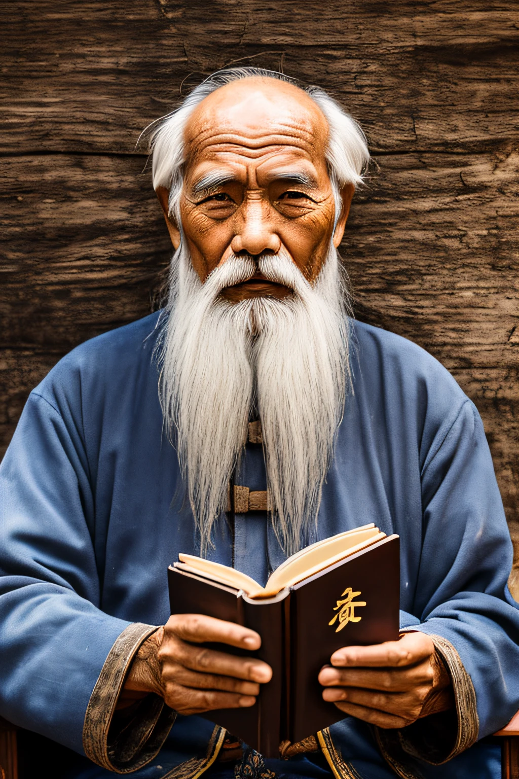 An old man with traditional Chinese thinking，Real frontal photos，Authentic background，The background is nature，Holding a book，worn-out clothing，Face full of wrinkles，80-year-old man，Wise eyes，The beard is white，male people，country style