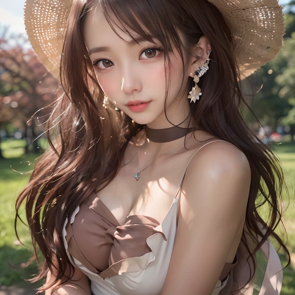 (64k, RAW photo, best quality, masterpiece:1.4), (realistic, photo-realistic:1.3), (20 years old), (1girl:1.5), (medium breasts), show cleavage, Luxurious dresses,  (Insanely intricate cute face and eyes), ((face shot:1.2)), especially strong light, (upper eyes), shiny skin, (dark brown hair, semi-long cut:1.2), (flash:1.2), ((seductive posture:1.2, attractive:1.2)), ((good anatomy: 1.2)), perfect face:1.2, portrait, cowboy shot, close up:1.3, (charming smile), makeup, lipgloss, blush cheeks, Detailed teeth, Detailed mouth, a necklace, piercings, Bracelet, break, (in the park)