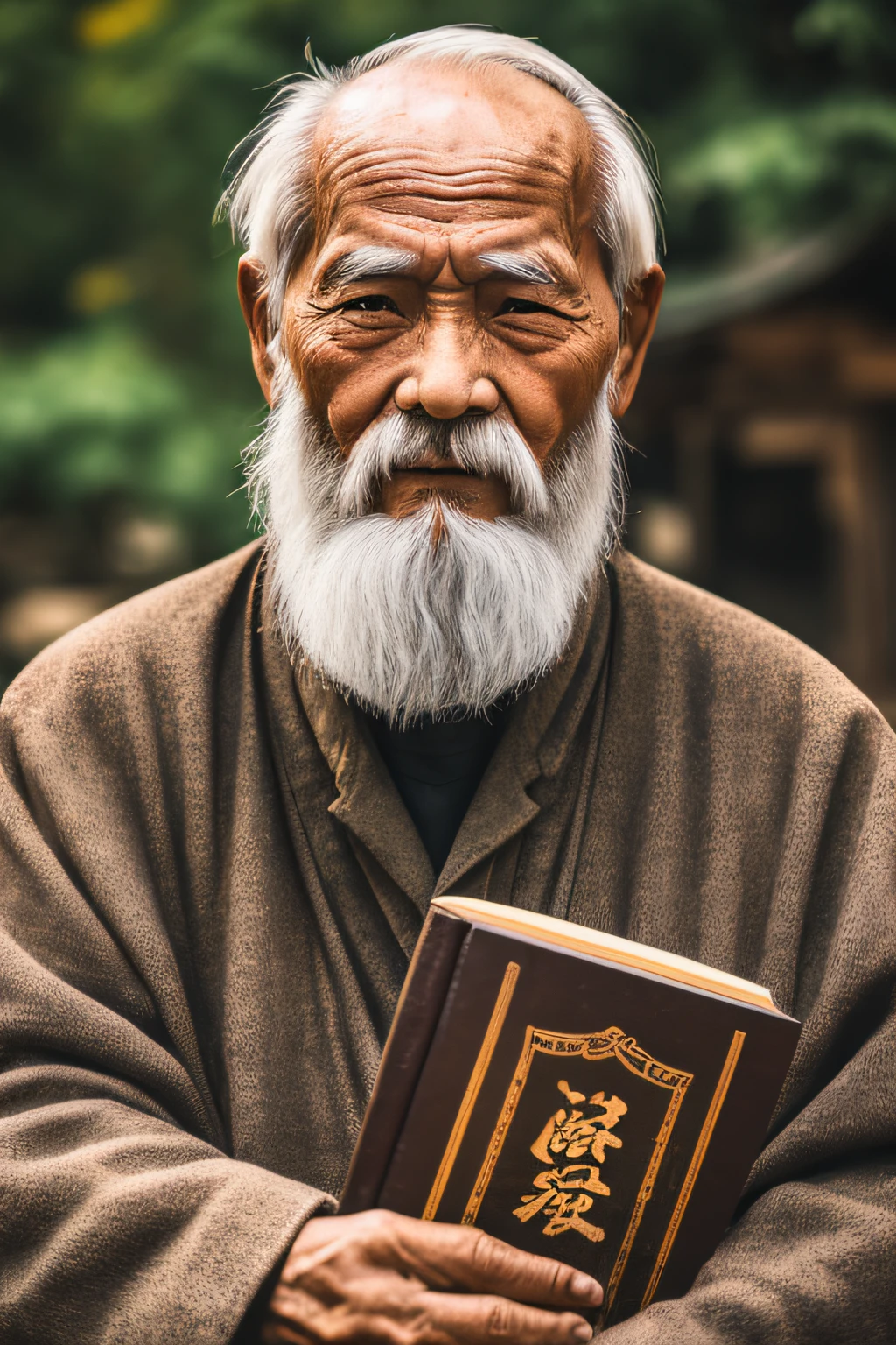 An old man with traditional Chinese thinking,Real frontal photos,Authentic background,The background is nature,Holding a book,worn-out clothing,Face full of wrinkles,80-year-old man,Wise eyes,The beard is white,male people,country style