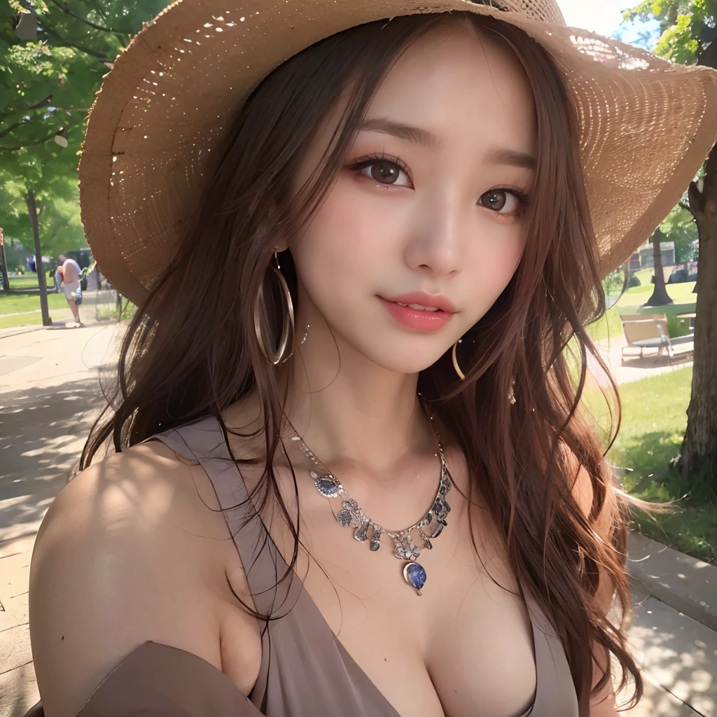 (64k, RAW photo, best quality, masterpiece:1.4), (realistic, photo-realistic:1.3), (20 years old), (1girl:1.5), (medium breasts), show cleavage, Luxurious dresses, (Insanely intricate cute face and eyes), ((face shot:1.2)), especially strong light, (upper eyes), shiny skin, (dark brown hair, semi-long cut:1.2), (flash:1.2), ((seductive posture:1.2, attractive:1.2)), ((good anatomy: 1.2)), perfect face:1.2, portrait, cowboy shot, close up:1.3, (charming smile), makeup, lipgloss, blush cheeks, Detailed teeth, Detailed mouth, a necklace, piercings, Bracelet, break, (in the park)