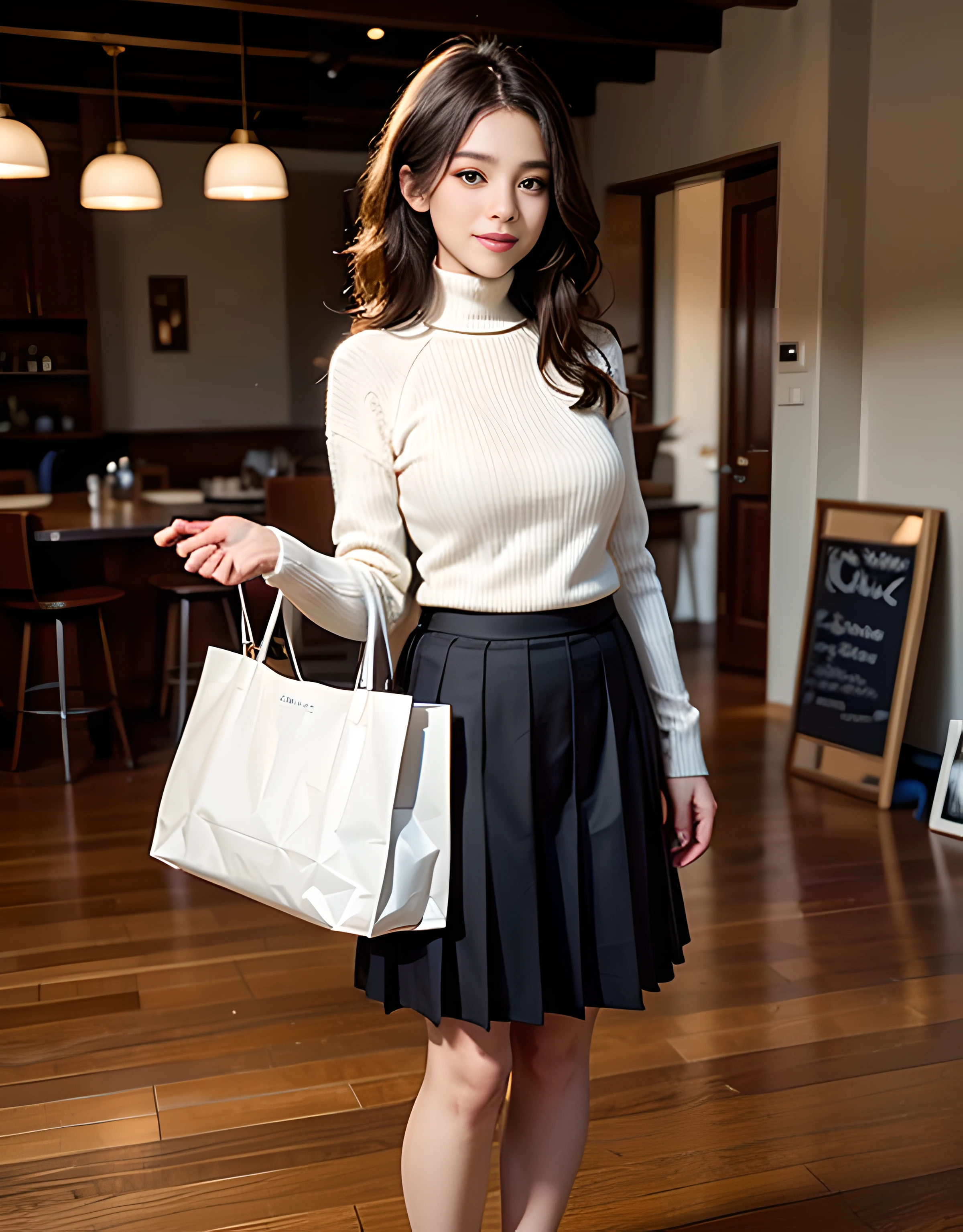 (8K high image quality), (top-quality), (RAW image quality),(masutepiece:1.2), (Realistic), (Photorealistic:1.37), Goose egg face,largeeyes,long eyelasher,Exquisite(Live-action realistic style),The Ultimate Face,Photorealistic light and shadow,Clear facial features,milky skin,Fair skin, highdetailskin,Realistic skin details,Visible Pore,(Super Detail),Hair length is random, (Flowing hair),Best portraits,Shot from a short distance, 1-girl, Cute,Beautiful detailed eyes, beautiful detailed nose, highlydetailed skin,Full body ,(eyecontact),(Colossal tits、Breast Abundance)、(Beautiful face with double eyelids),((fullbody image)), (Realism: 1.4),High image quality, excellent details, Ultra-high resolution, (Show your best smile to the audience), , favor details,,delicate and beautiful face,,20yr old,(Beautiful Face 1.4),A slender, (Knitted sweater with turtleneck:1.2)、(Pleated skirt:1.2),Filmed in the city,(It's a full-body shot.),,(Show your smile),Stylish coffee shop interior,Medium Hair,Let's have a coffee,Brightly lit interior