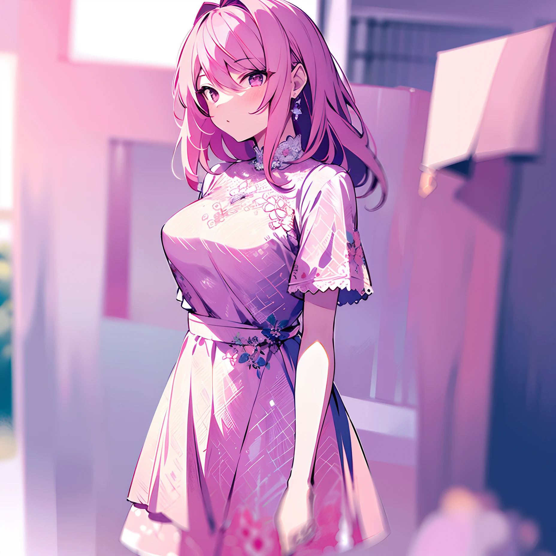 (Masterpiece:1.2), Best quality, A high resolution, Original, (Extremely detailed:1.2), Ultra-detailed, the wallpaper, Perfect lighting,(Extremely detailed CG:1.2), 8K, illustration, 1girll, Solo, Pink hair, Pink dress, short sleeve dress, {Delicate|Shiny}clothes, standing, frontal, Pink background, En plein air, Anime style, (Image restoration:1.23)