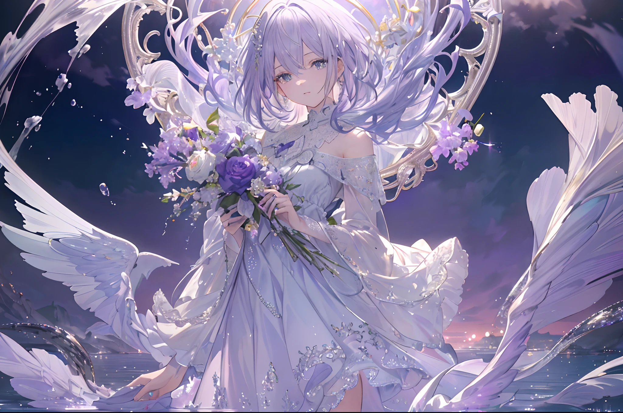 High definition RAW color art, Animation,sculptures, silver marble skin, (((Ultra detailed elegant))), Magical atmosphere, (Detailed skin, Texture (Intricately detailed, Fine detail, ultra-detailliert), Pastel color, depth of fields, Bokeh, silky touch, bright eyes, (Violet Sky, dynamic cloud), hyper detail, The ground is reflecting, stand on the surface of the water