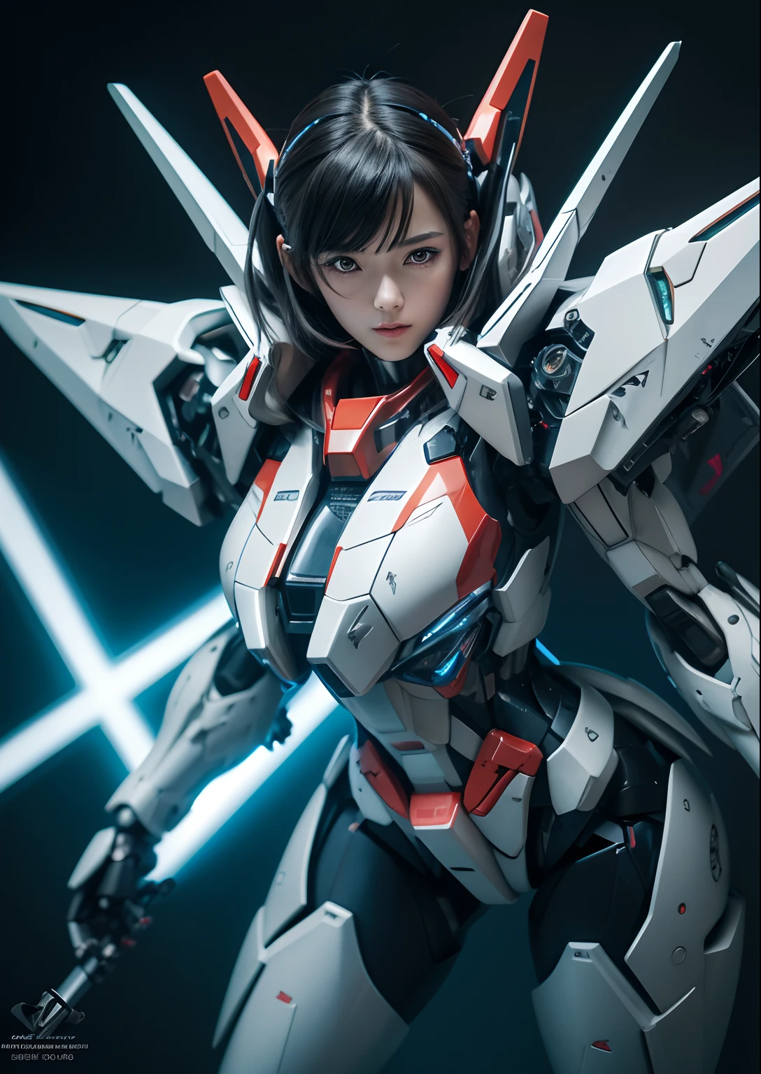 Textured skin, Super Detail, high details, High quality, Best Quality, hight resolution, 1080p, hard disk, Beautiful,(Gundam),(Superheroine),beautiful cyborg woman,Mecha Cyborg Girl,Battle Mode,Girl with a Mecha Body,She wears a futuristic Gundam mecha,Fulll body Shot