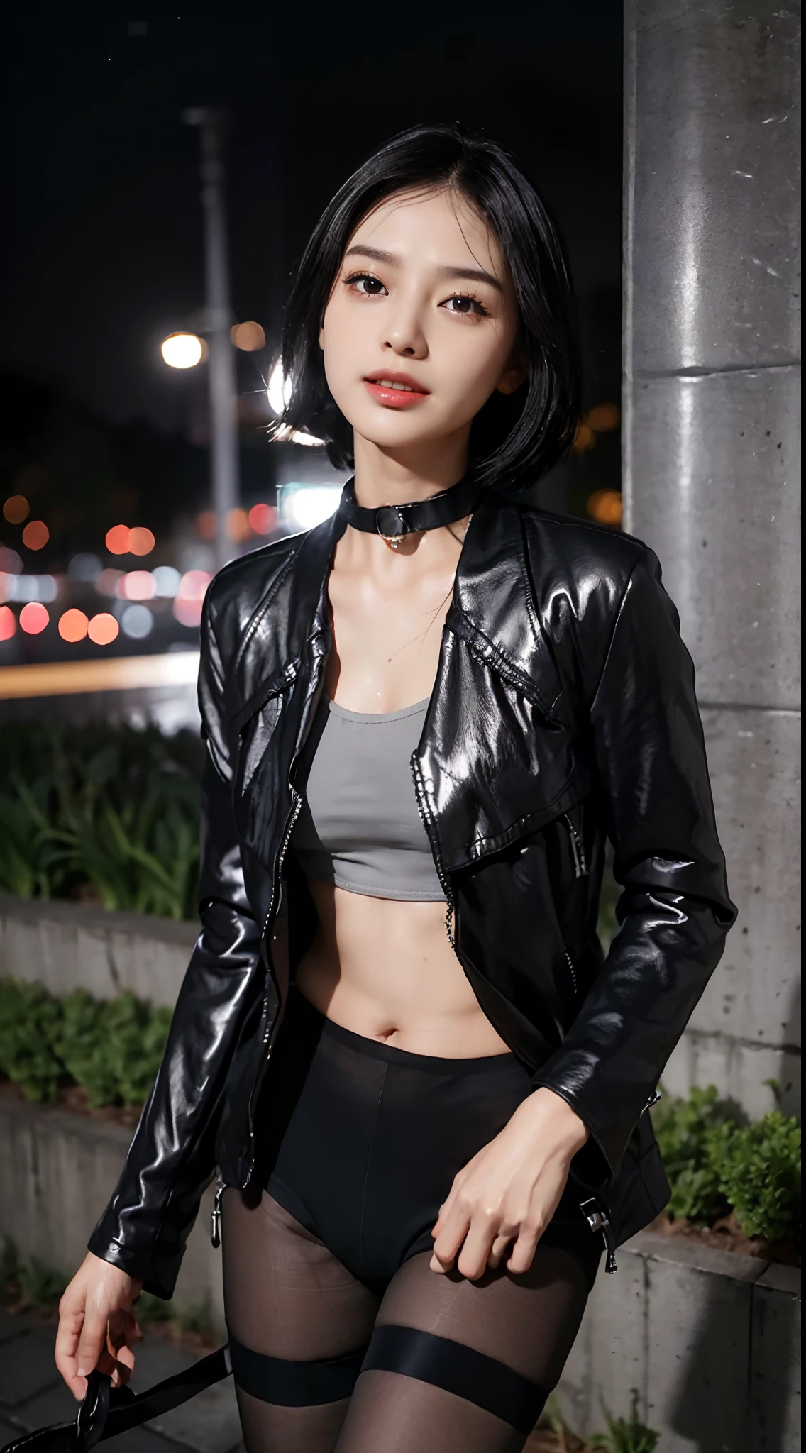 (Small underboob,small heads)), (perfect bodies: 1.1), (shoulder length straight short hair:1.0),(black hair:1.5),attractive collarbone，（极其细致的CG 8k壁纸），（Extremely refined and beautiful），（masterpiece），（best qualtiy：1.0），（超高分辨率：1.0）,[A high resolution]，cheerfulness，smile,(Smooth and flawless fair skin:1.5),(shiny skin:1.5),(Exquisite Makeup:1.3),ultra - detailed ，Elongated legs,(Small breasts:1.1),Flat chest,underboob,Slim,emaciated,(black dog collar:1.5),(black jacket:1.5),(black fullbodypantyhose:1.4),Cleavage,autumn, in residential areas,high-rise residential buildings,in garden,on path,(running:1.5),(Hair flying:1.3),(open mouth:1.2) ,(female orgasmic:1.3), (blush:1.3),(sweat:1.6),upper body,(close shot:1.3),(cowboy shot:1.3),(Passport photo:1.5),At night,(night scene:1.5),dark light,