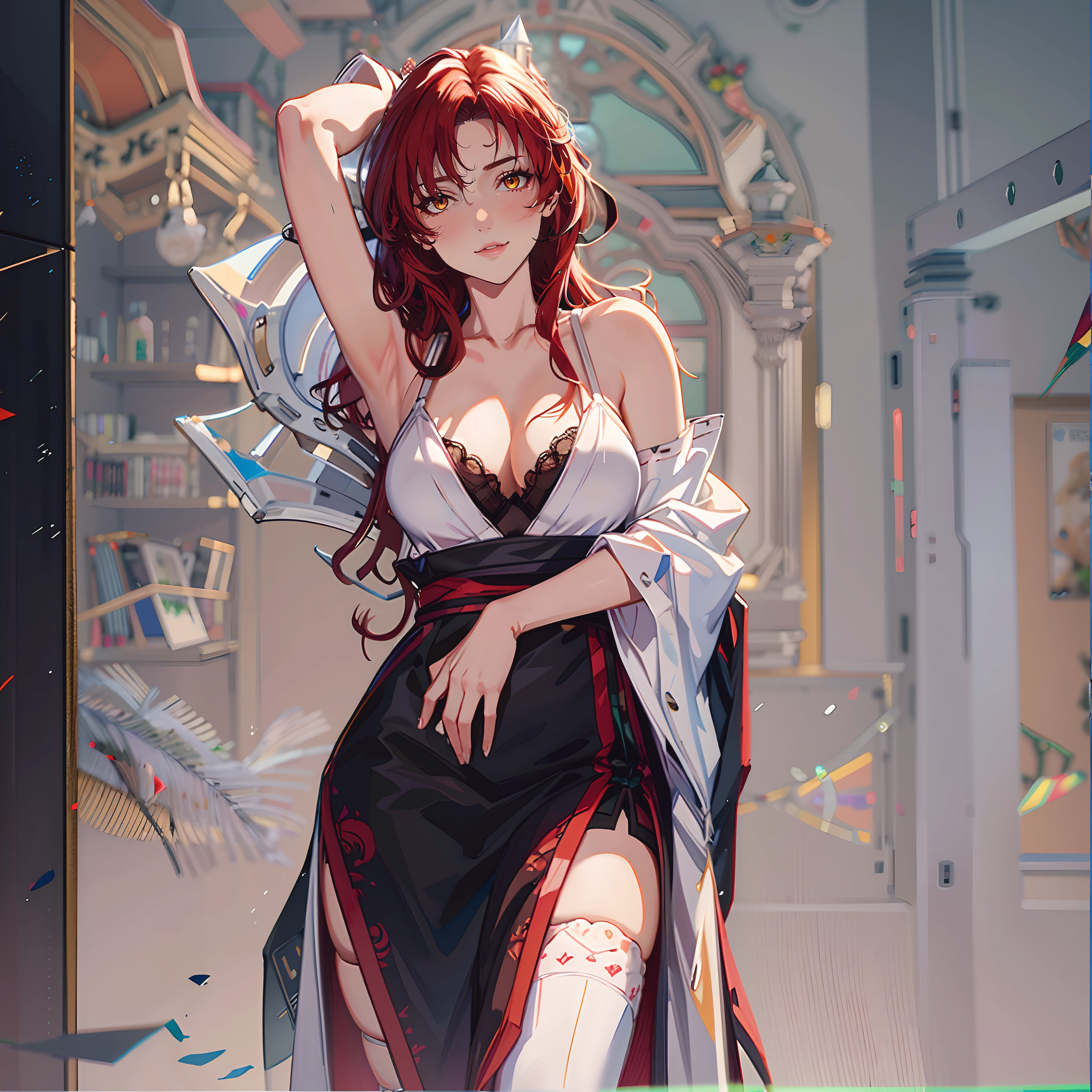 murata_himeko, (red hair, fold hair:1.6), forehead, yellow eyes, sweating, glowing eyes, heavy breathing, epic art, fantasy art, 1girl, breasts, cleavage, thighhighs, armpits, white_legwear, solo, bra, large_breasts, arm_up, japanese_clothes, underwear, ribbon_trim, wide_sleeves, looking_at_viewer, blush, collarbone, black_bra, detached_sleeves, lips, bare_shoulders, glow effects, godrays, Hand drawn, render, 8k, octane render, cinema 4d, blender, dark, atmospheric 4k ultra detailed, cinematic, Sharp focus, big depth of field, Masterpiece, colors, 3d octane render, 4k, concept art, trending on artstation, hyperrealistic, Vivid colors, extremely detailed CG unity 8k wallpaper, trending on CGSociety, Intricate, High Detail, dramatic,