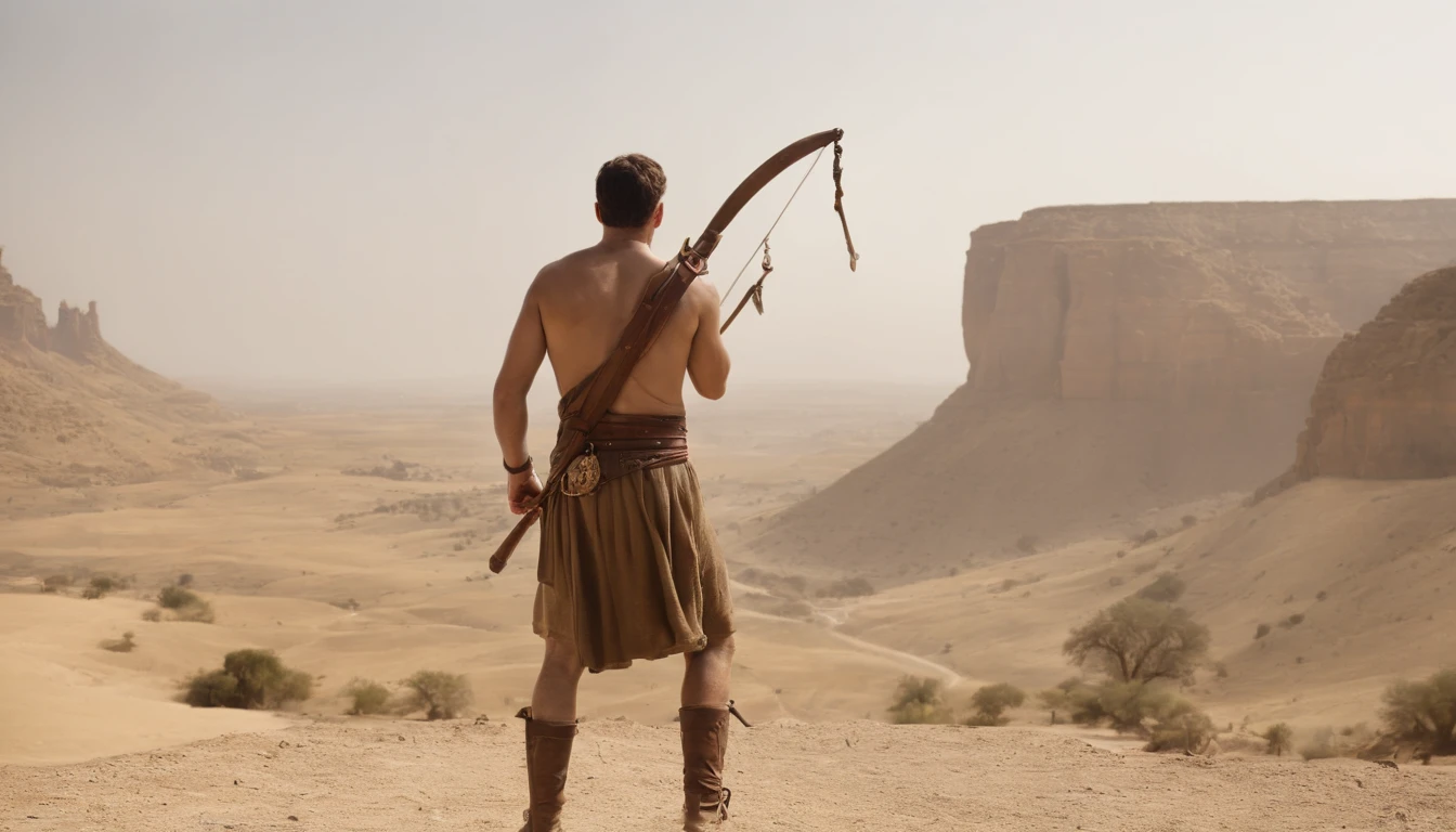 "In the dusty valley of Elah, a young David, armed with nothing but a slingshot and unwavering faith, faces the giant Goliath. The towering Philistine looms over him, clad in imposing armor. As David loads his sling, the tension in the air is palpable, and the fate of Israel hangs in the balance."