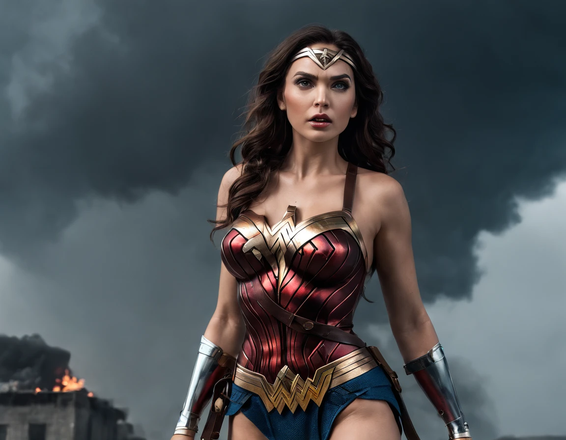 a scene from a movie Expansive landscapes dark fantasy image full - length dark force dominated evil superheroine alias Wonder Woman alliance action scene, dramatic, cinematic style, Ethereal landscapes, Vibrant colors, Intricate details