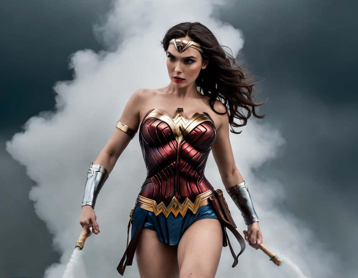moody storm clouds, raining, photo realistic front view of thicc big breasts wonder woman in micro-bikini-thong costume oiled ass, cameltoe, dynamic pose, ready for action, attacked by tentacles. building collapse, fire smoke, low-angle shot, wide-angle shot, dramatic angle, extreme angle shot