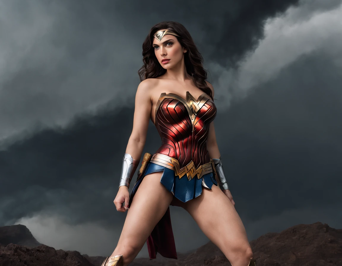 moody storm clouds, raining, photo realistic front view of thicc big breasts wonder woman in micro-bikini-thong costume oiled ass, cameltoe, dynamic pose, ready for action, attacked by tentacles. building collapse, fire smoke, low-angle shot, wide-angle shot, dramatic angle, extreme angle shot
