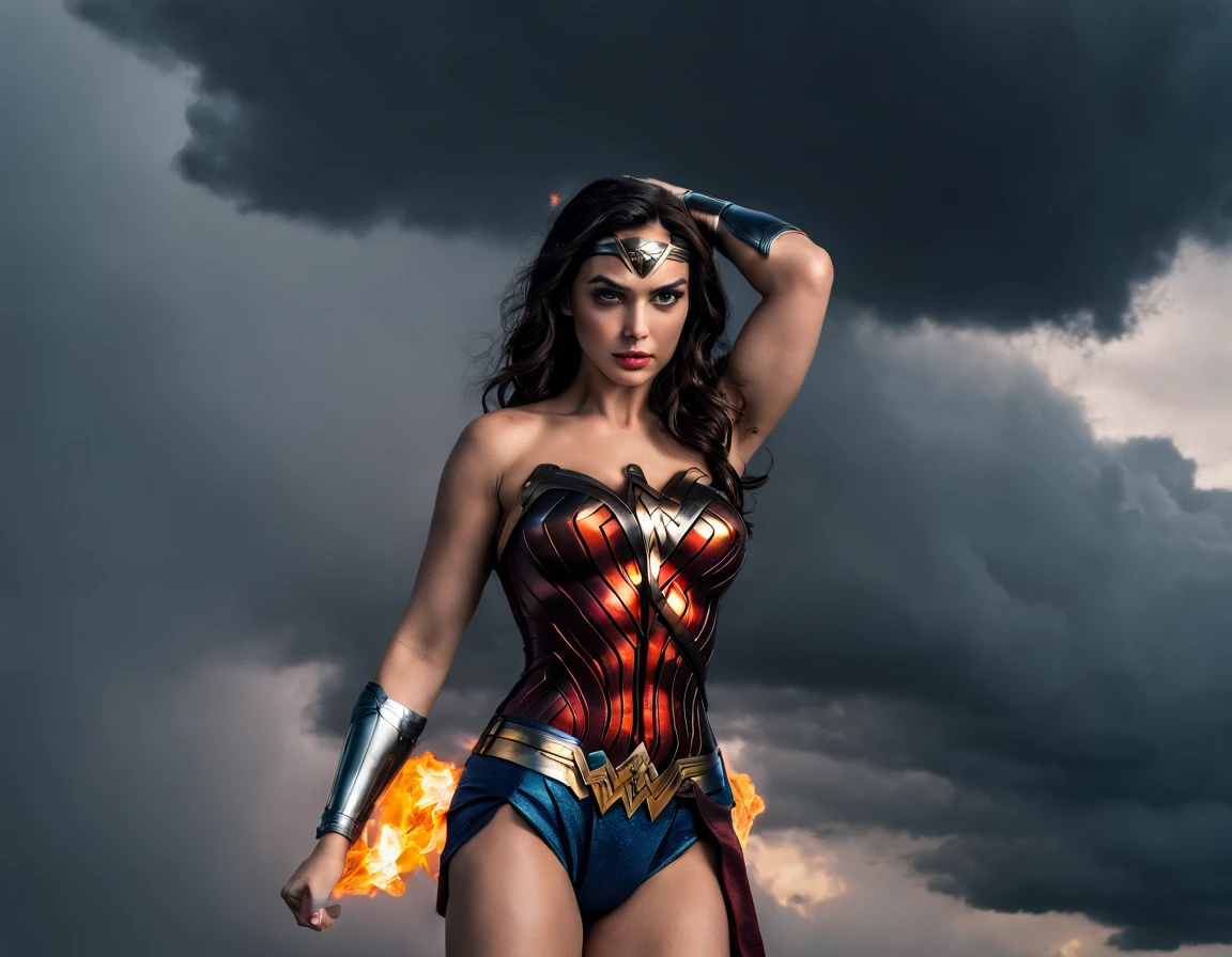 moody storm clouds, raining, photo realistic front view of thicc big breasts wonder woman in micro-bikini-thong costume oiled ass, cameltoe, dynamic pose, ready for action, attacked by tentacles. building collapse, fire smoke, low-angle shot, wide-angle shot, dramatic angle, extreme angle shot