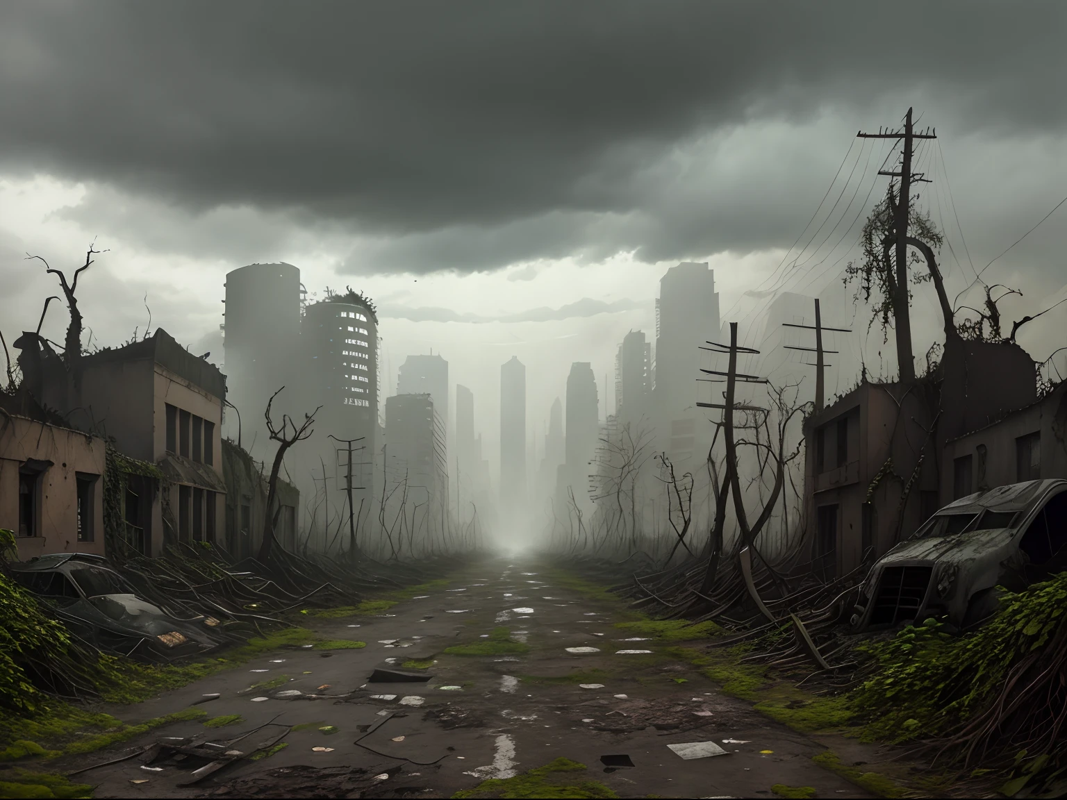 （Close-up of the apocalyptic city street），Secret overgrown city ruins, （The ruins are covered with dead vines：1.3）,  Moss-covered waste, Lost cities and streets, Armageddon background：（Dark clouds rolling：1.2），post apocalyptic style