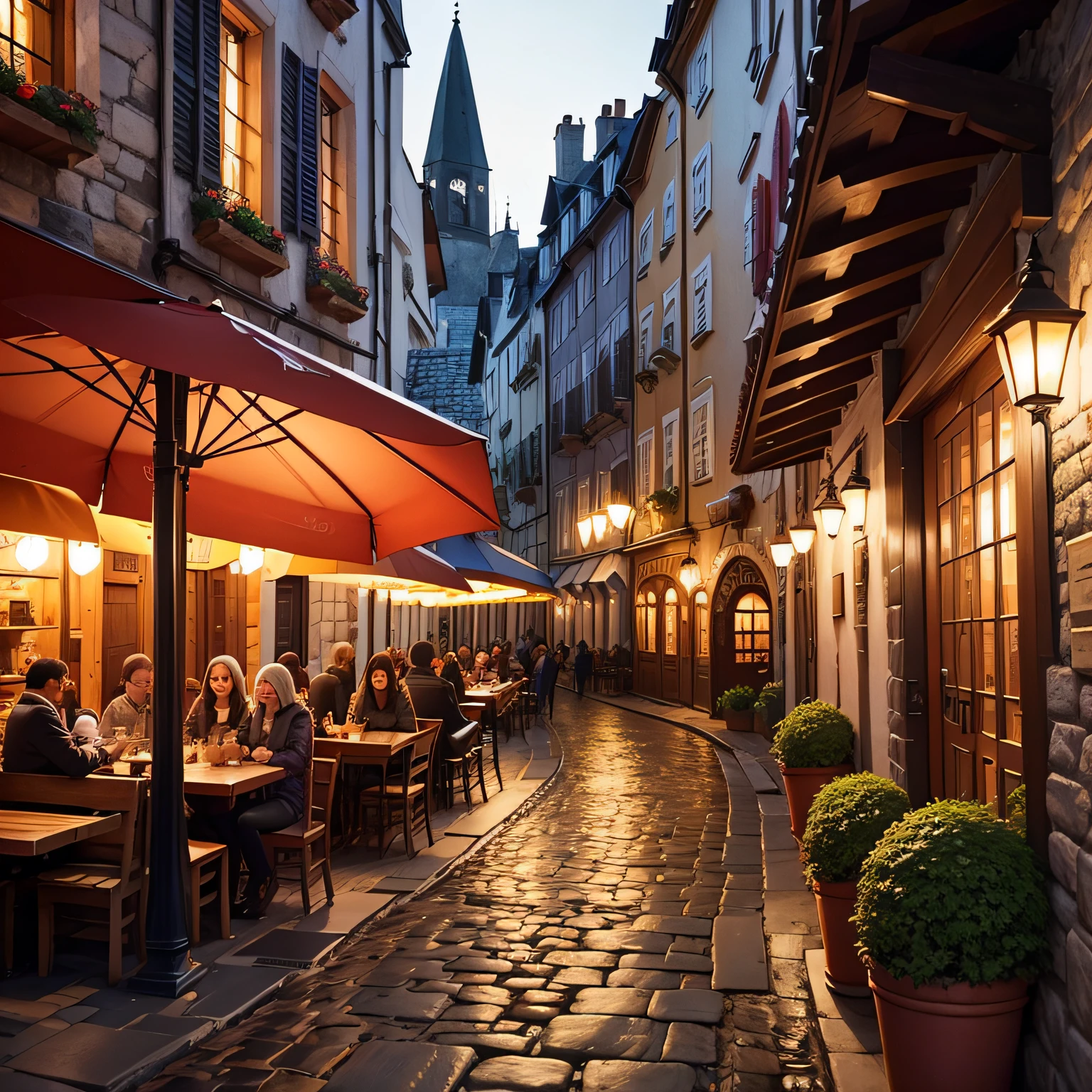 A cozy café on a cobblestone street, com mesas ao ar livre e luzes cintilantes