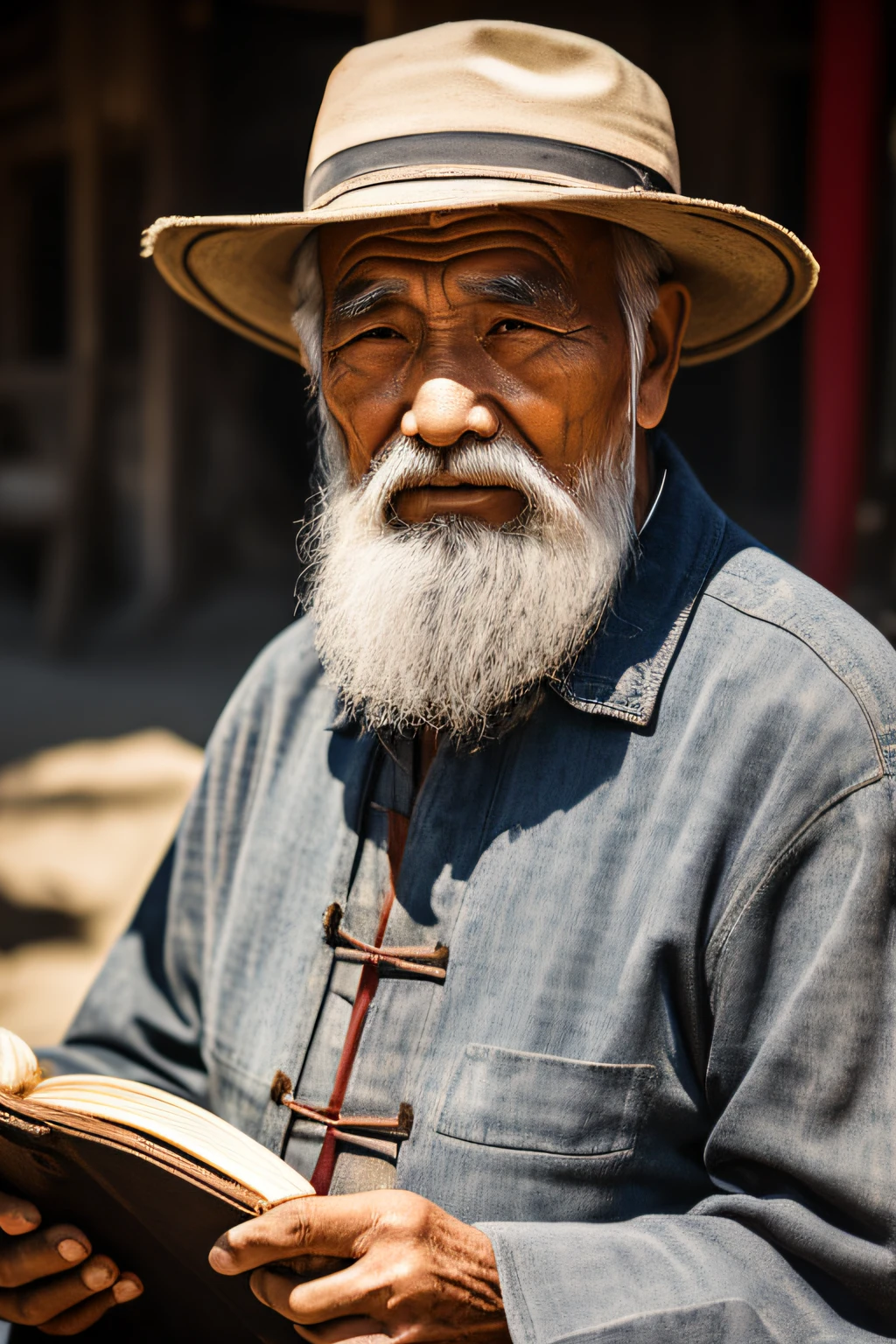 An old man with traditional Chinese thinking，Real frontal photos，Authentic background，The background is nature，Holding a book，worn-out clothing，Face full of wrinkles，80-year-old man，Wise eyes，The beard is white，male people，country style