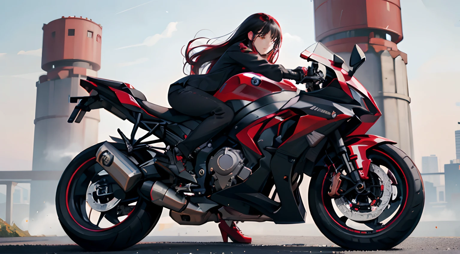 (Best Quality,4K,High resolution),Image quality resolution increased、high-level image quality、hiquality、 Woman in long work clothes with long hair、Motorcycle red highlights keeping black hair in red metallic color、Realistic depiction with delicate details
