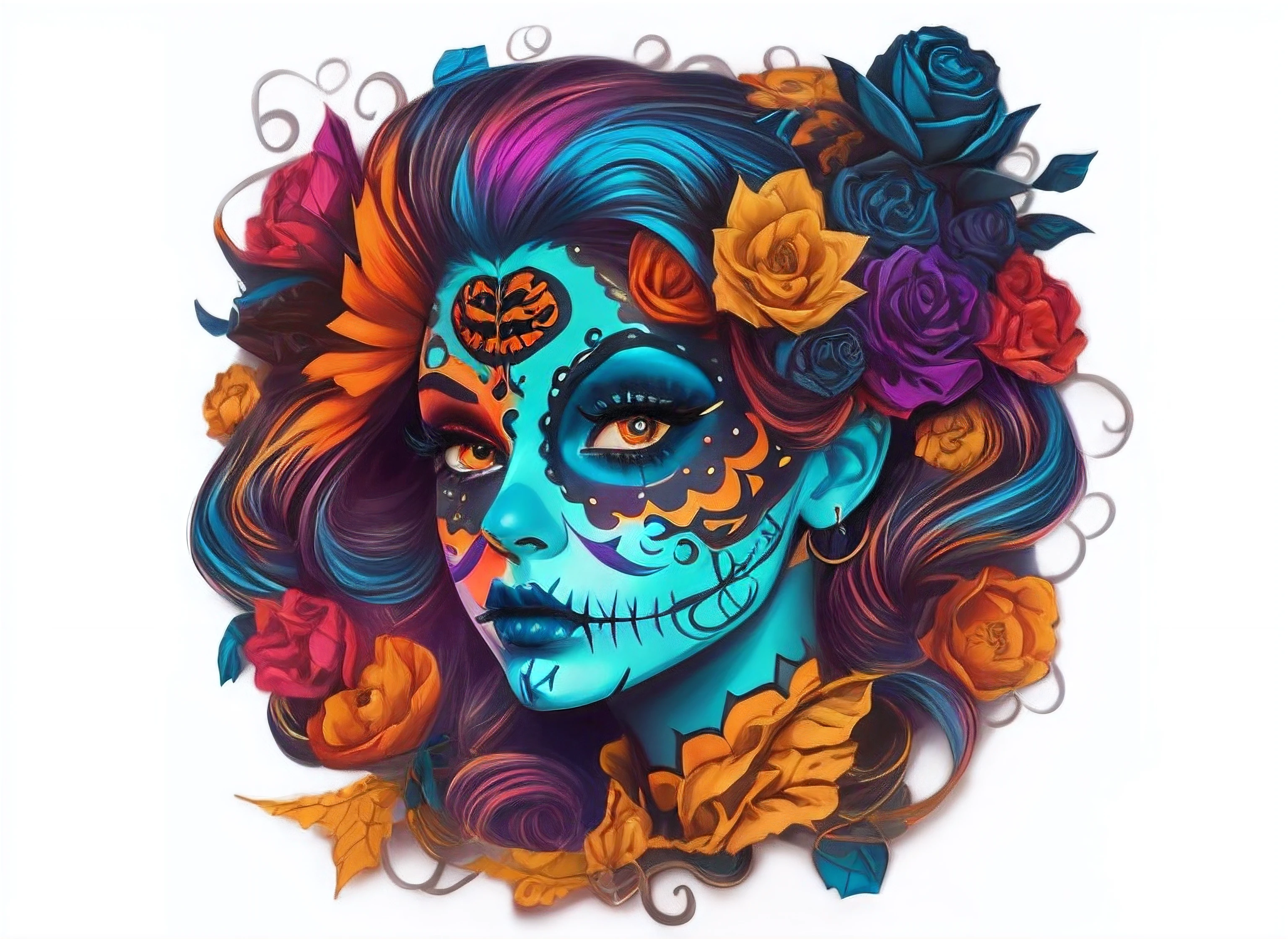 a close up of a woman with a face painted in blue and orange, halloween art style, jen bartel, scary detailed art in color, full of colors and rich detail, scary color art in 4 k, day of all the dead, day of the dead, queen of the dead, dia de los muertos, dia de los muertos!!