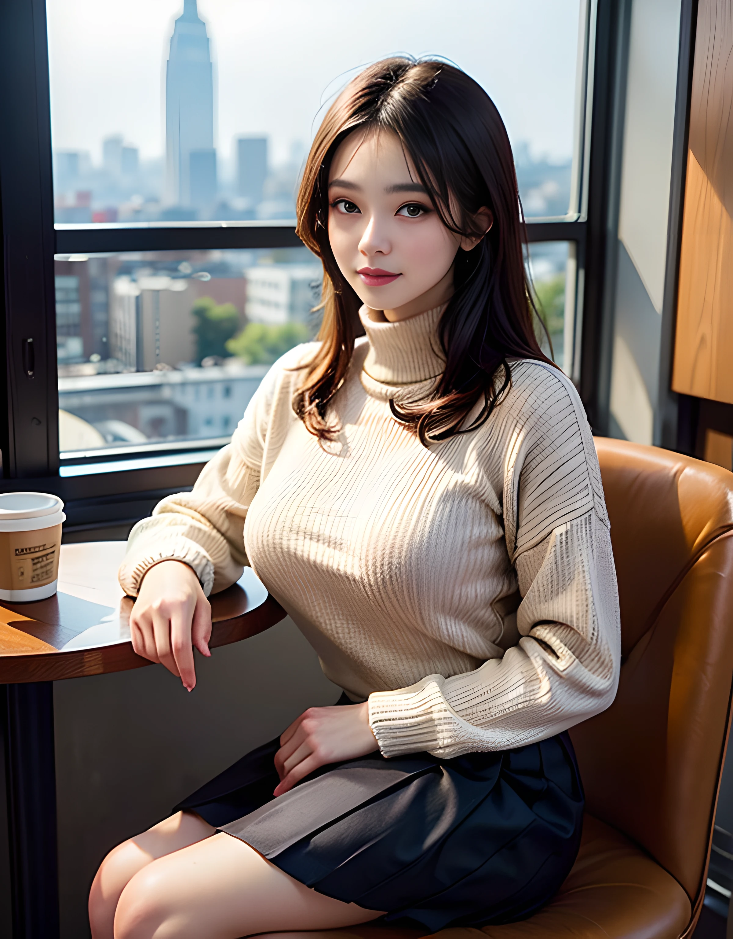 (8K high image quality), (top-quality), (RAW image quality),(masutepiece:1.2), (Realistic), (Photorealistic:1.37), Goose egg face,largeeyes,long eyelasher,Exquisite(Live-action realistic style),The Ultimate Face,Photorealistic light and shadow,Clear facial features,milky skin,Fair skin, highdetailskin,Realistic skin details,Visible Pore,(Super Detail),Hair length is random, (Flowing hair),Best portraits,Shot from a short distance, 1-girl, Cute,Beautiful detailed eyes, beautiful detailed nose, highlydetailed skin,Full body ,(eyecontact),(Colossal tits、Breast Abundance)、(Beautiful face with double eyelids),((fullbody image)), (Realism: 1.4),High image quality, excellent details, Ultra-high resolution, (Show your best smile to the audience), , favor details,,delicate and beautiful face,,20yr old,(Beautiful Face 1.4),A slender, (Knitted sweater with turtleneck:1.2)、(Pleated skirt:1.2),Filmed in the city,(It's a full-body shot.),,(Show your smile),Stylish coffee shop interior,Medium Hair,Let's have a coffee