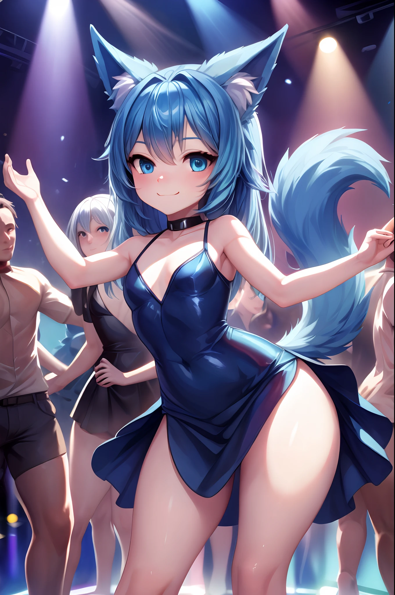 (Masterpiece) (High Detail) (High Res) A short small petite humanoid girl with pale human skin and blue eyes and long blue hair and blue dog ears and a fluffy dog tail is wearing a cute black dress and is in a nightclub with lots of anthro people of various species all around dancing.