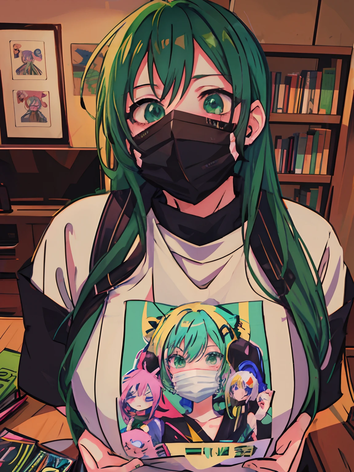 anime girl with green hair wearing a mask and holding a book, mikudayo, vocaloid, ahegao, 4k!, anime style. 8k, 2 0 2 2 anime style, 2022 anime style, illustrated anime, in anime style, anime vibes, anime moe artstyle, pixiv 3dcg, anime art style, digital anime illustration