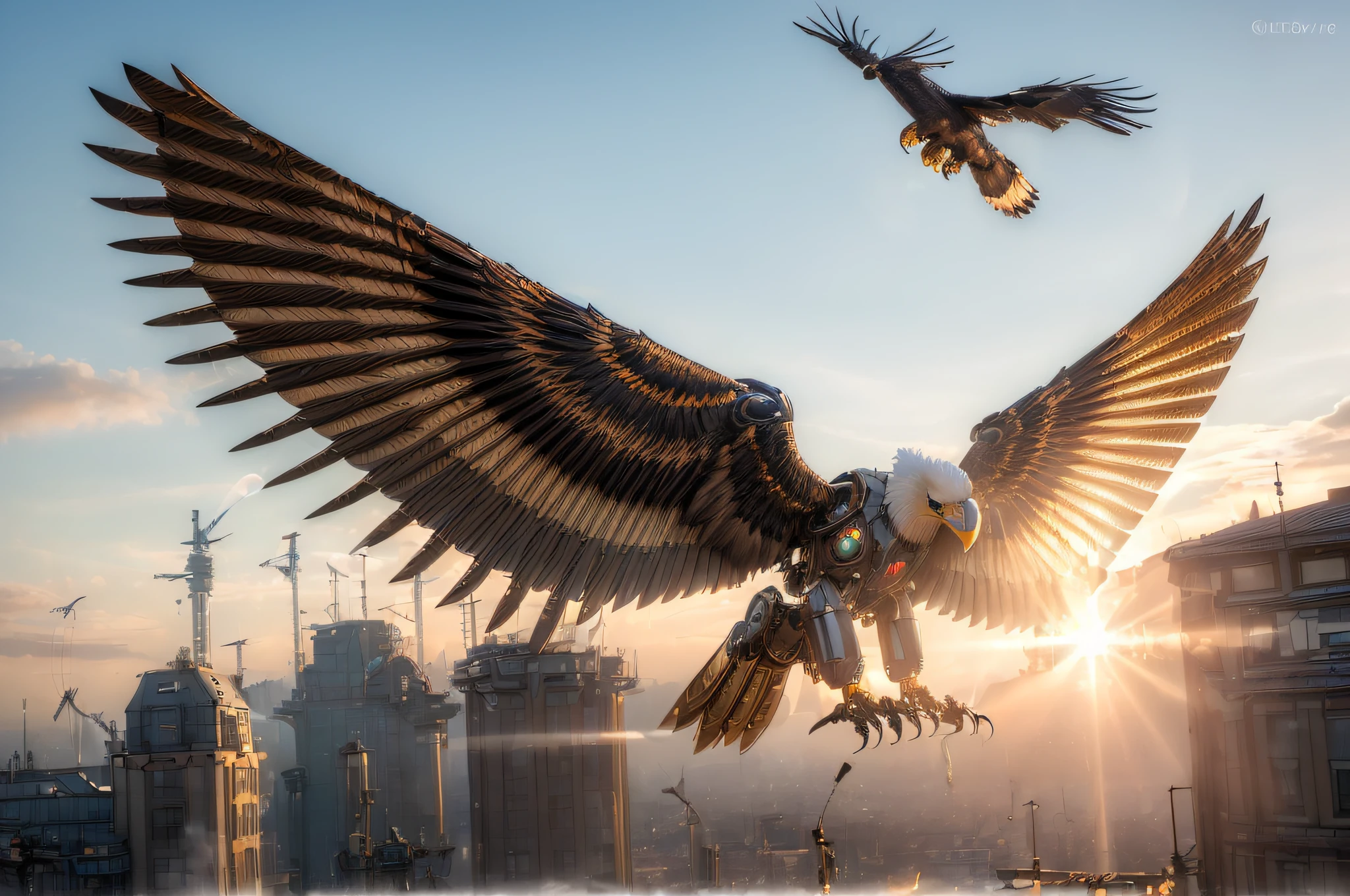 mechanical eagle, gleaming metal feathers, intricate gears and cogs, sharp beak and talons, majestic wingspan, lifelike movements, (mechanical:1.1, robotic), (automaton:1.1, clockwork), (precision engineering:1.1), (metaphorical transformation:1.1) , (best quality,4k,8k,highres,masterpiece:1.2), ultra-detailed, (realistic,photorealistic,photo-realistic:1.37), (HDR), (professional), (vivid colors), (steampunk,retro-futuristic), (bronze, metallic), (dynamic pose), (illuminated by sunlight), (dramatic shadows), (subtle reflections), (detailed mechanical parts), (captivating gaze), (majestic flight), (powerful and graceful), (synchronized wing movements), (enigmatic presence), (artificial intelligence:1.1), (futuristic technology), (unveiling a hidden secret), (industrial setting), (mysterious atmosphere), (scientific marvel), (mesmerizing artwork), (awe-inspiring), (eye-catching).
