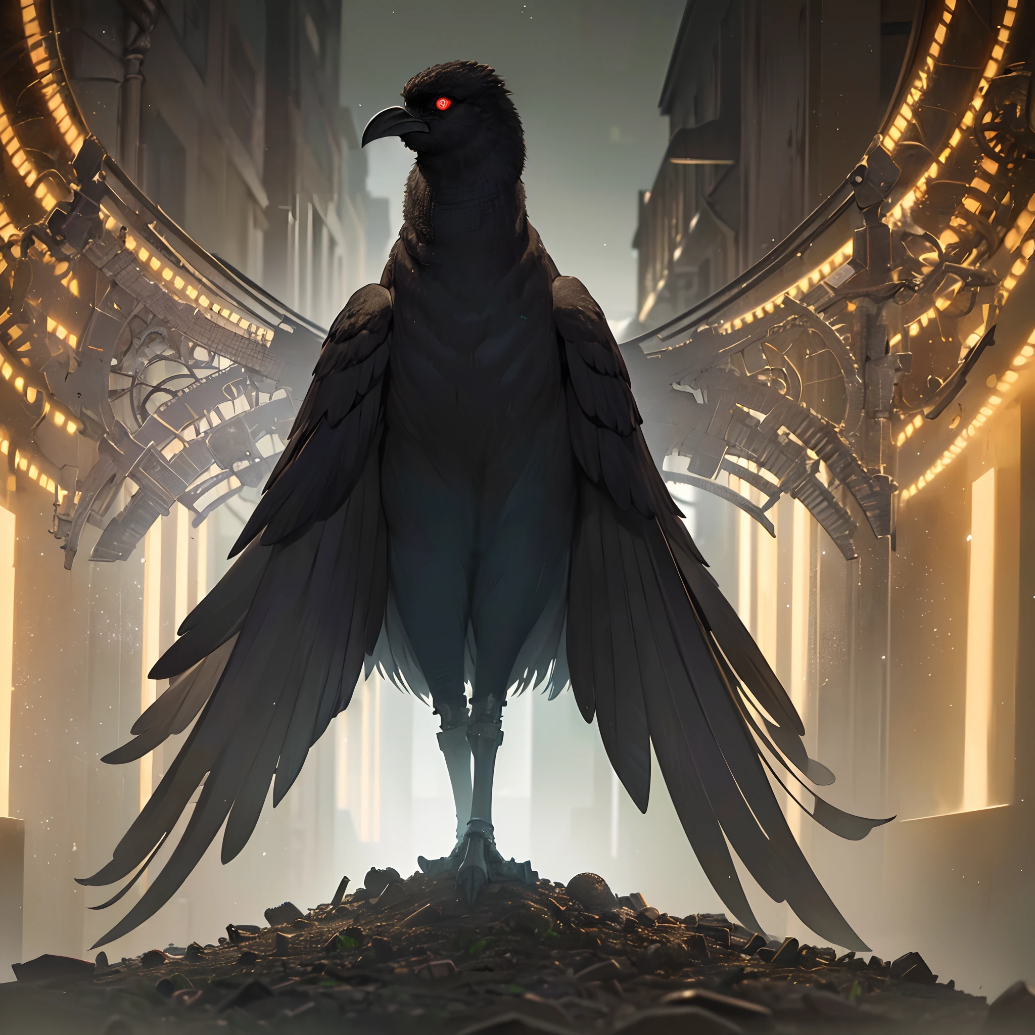 (best quality, highres, ultra-detailed, realistic:1.37), A crow whose entire body is a collection of mechanical parts, eerily glowing eyes, meticulously assembled gears, intricate metalwork, detailed wings, eerie atmosphere, dark and vibrant colors, vintage aesthetics, dimly lit scene,