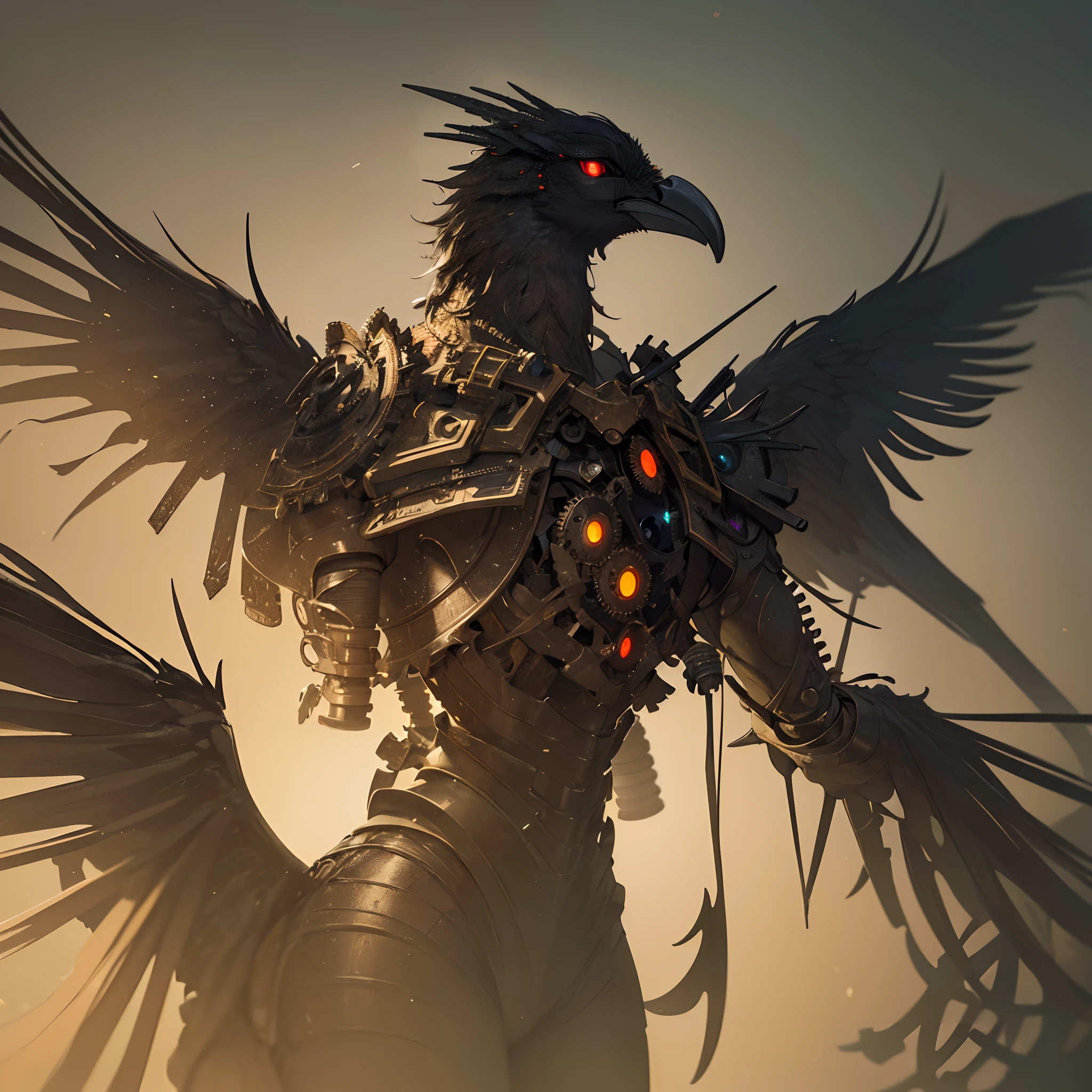 (best quality, highres, ultra-detailed, realistic:1.37), A crow whose entire body is a collection of mechanical parts, eerily glowing eyes, meticulously assembled gears, intricate metalwork, detailed wings, eerie atmosphere, dark and vibrant colors, vintage aesthetics, dimly lit scene,