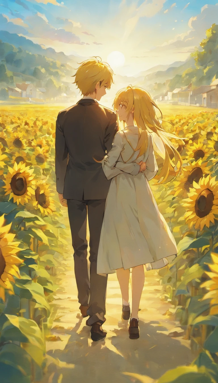 Production Poster,In a romantic atmosphere,Couple having fun,Stroll through the sunflower fields,Summer with blue sky and white clouds,Summer color,Feel the romantic theme。