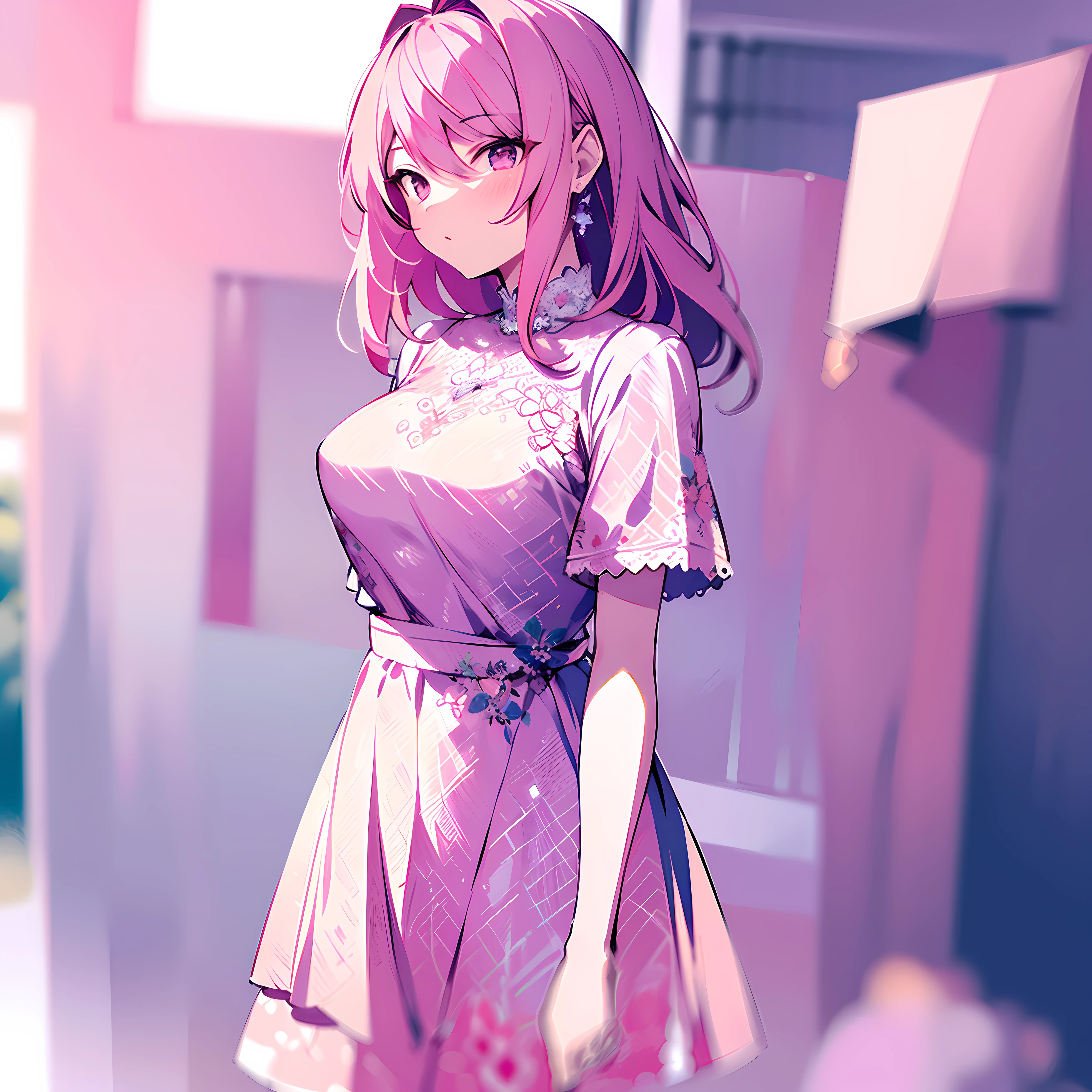 (Masterpiece:1.2), Best quality, A high resolution, Original, (Extremely detailed:1.2), Ultra-detailed, the wallpaper, Perfect lighting,(Extremely detailed CG:1.2), 8K, illustration, 1girll, Solo, Pink hair, Pink dress, short sleeve dress, {Delicate|Shiny}clothes, standing, frontal, Pink background, En plein air, Anime style, (Image restoration:1.23)
