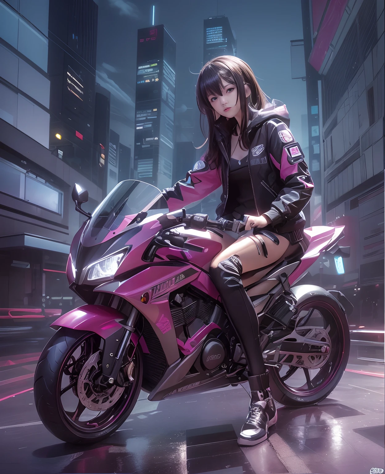 Highest image quality, outstanding details, ultra-high resolution, (realism: 1.4), the best illustration, favor details, highly condensed 1girl, with a delicate and beautiful face, dressed in a black and fuschia mecha, wearing a mecha helmet, holding a directional controller, riding on a motorcycle, the background is a high-tech lighting scene of the future city.